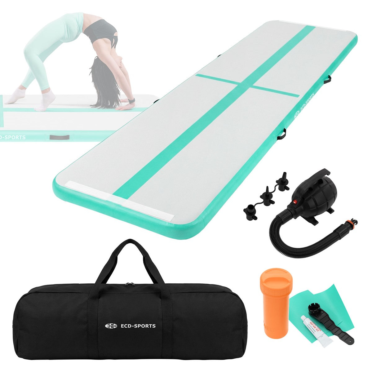 Turquoise and white gymnastics mat, with accessories and carry bag shown.