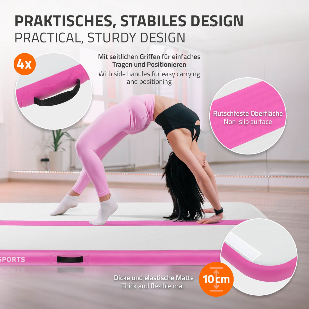 Gymnastikmåtte i pink med stabile håndtag og skridsikker overflade.