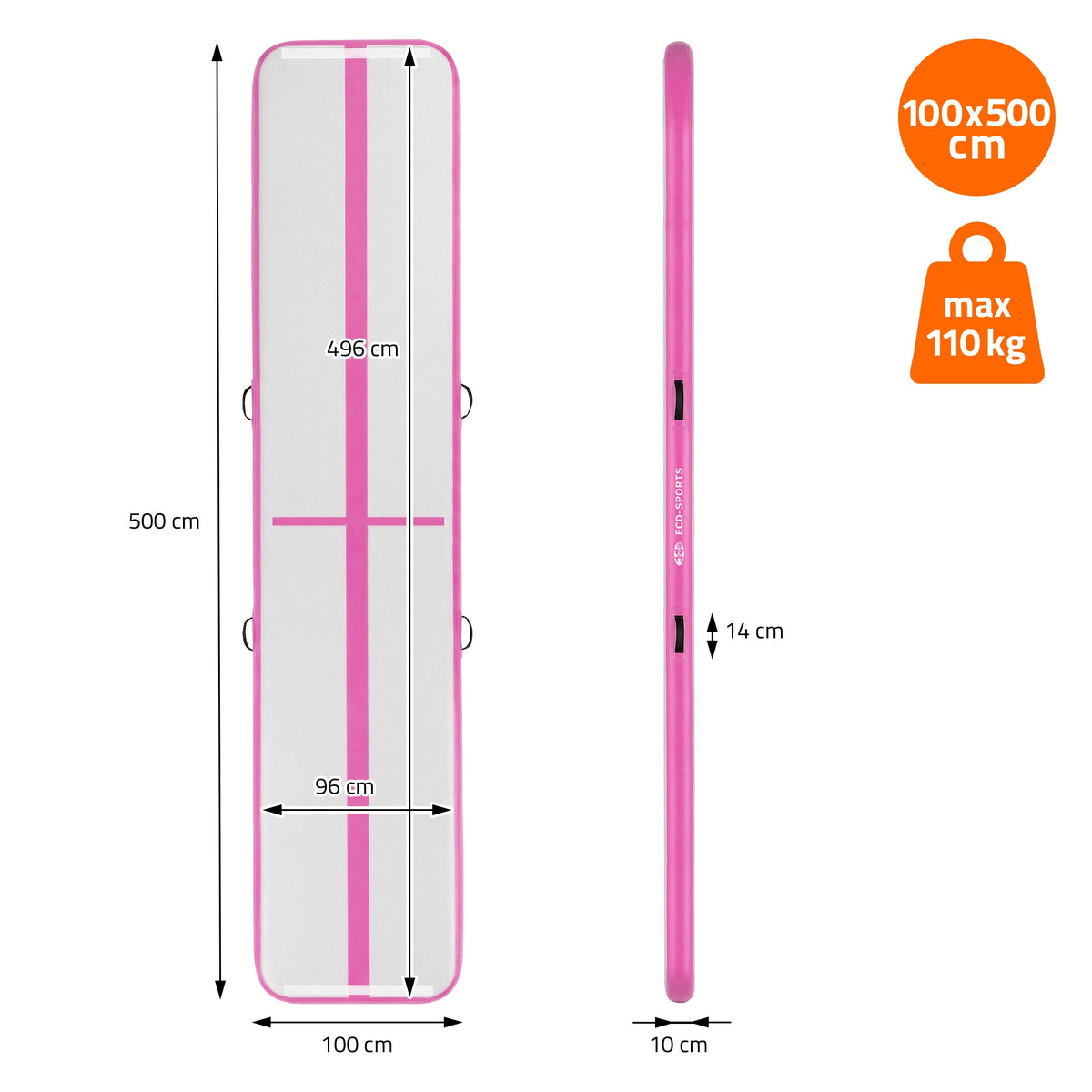 Måltegning af et oppusteligt produkt i pink med dimensioner og vægtkapacitet.