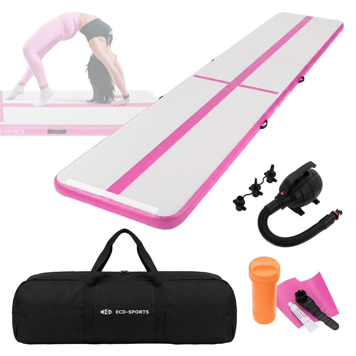 Pink and gray air mattress with a person performing gymnastics exercises.