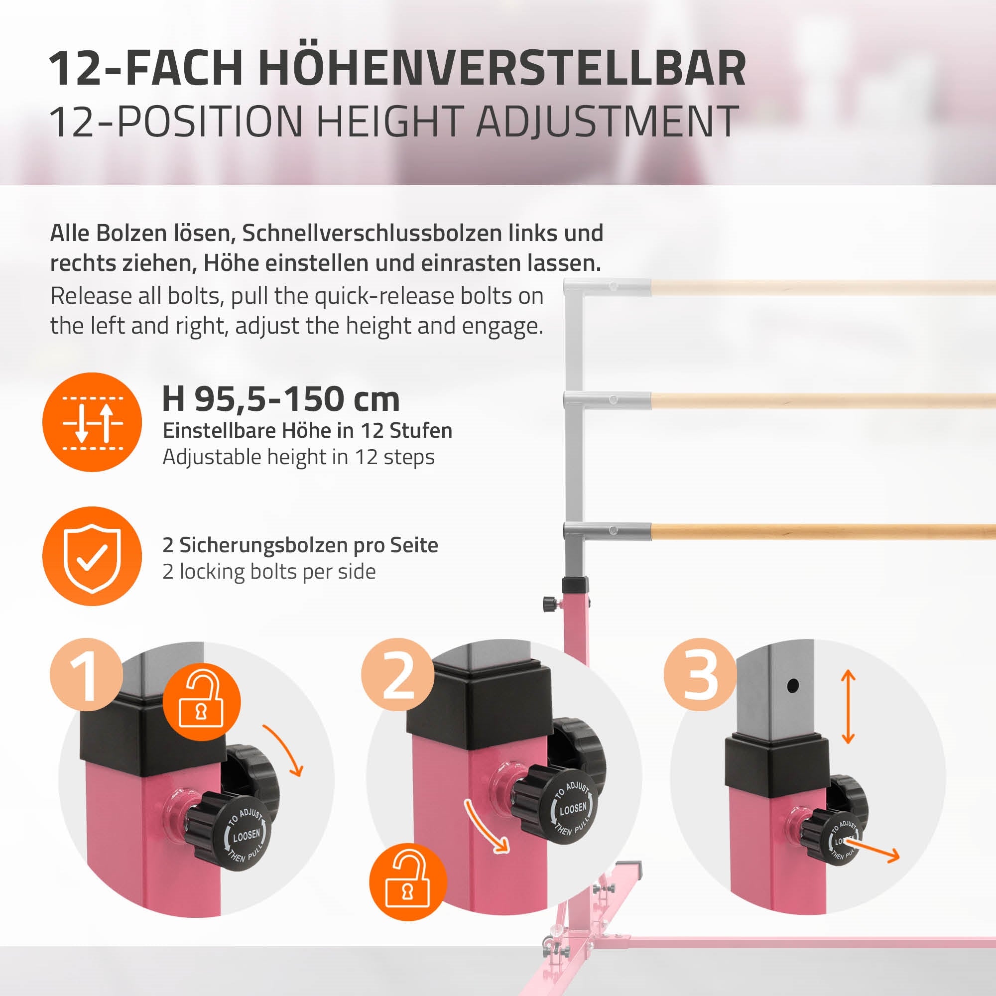 Grafik mit Höhenverstellbarkeit und Einstellmöglichkeiten für ein Turngerät.
