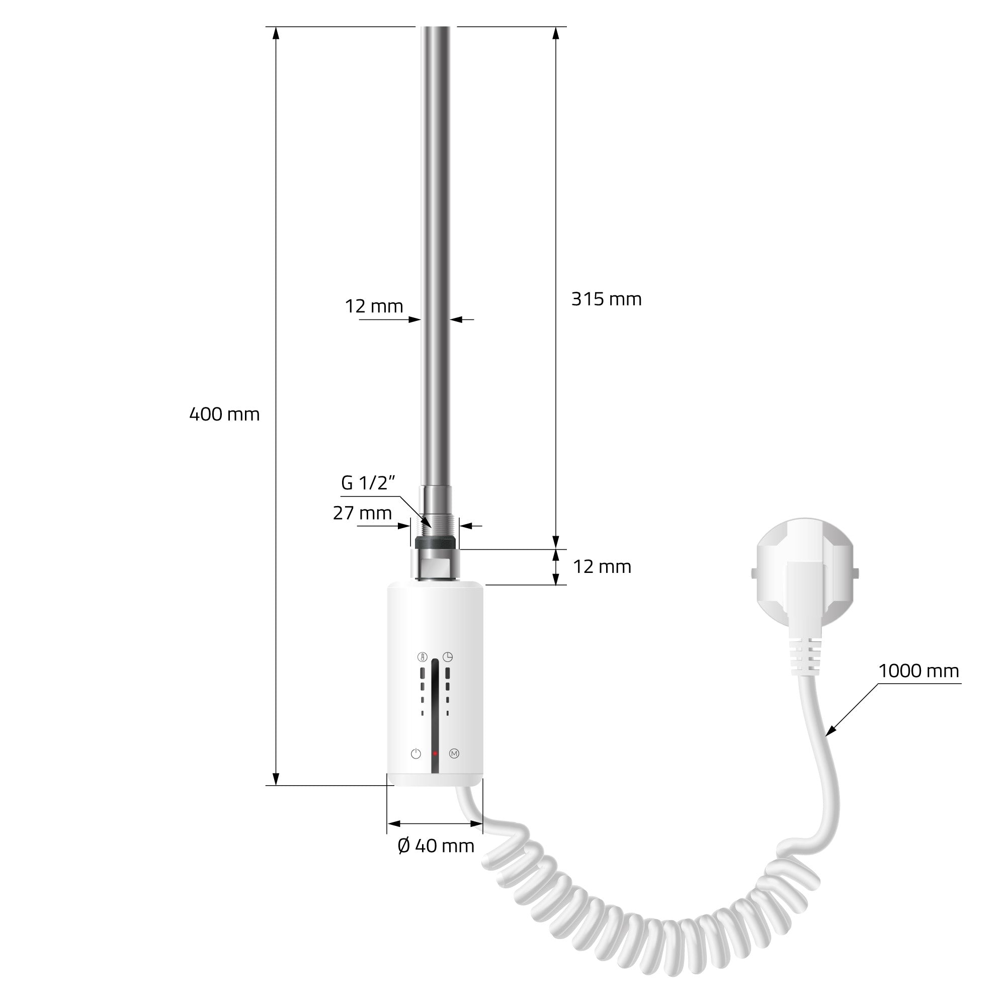 Heizstab mit weißen Elementen, Kabel und Stecker, Maße eingezeichnet.