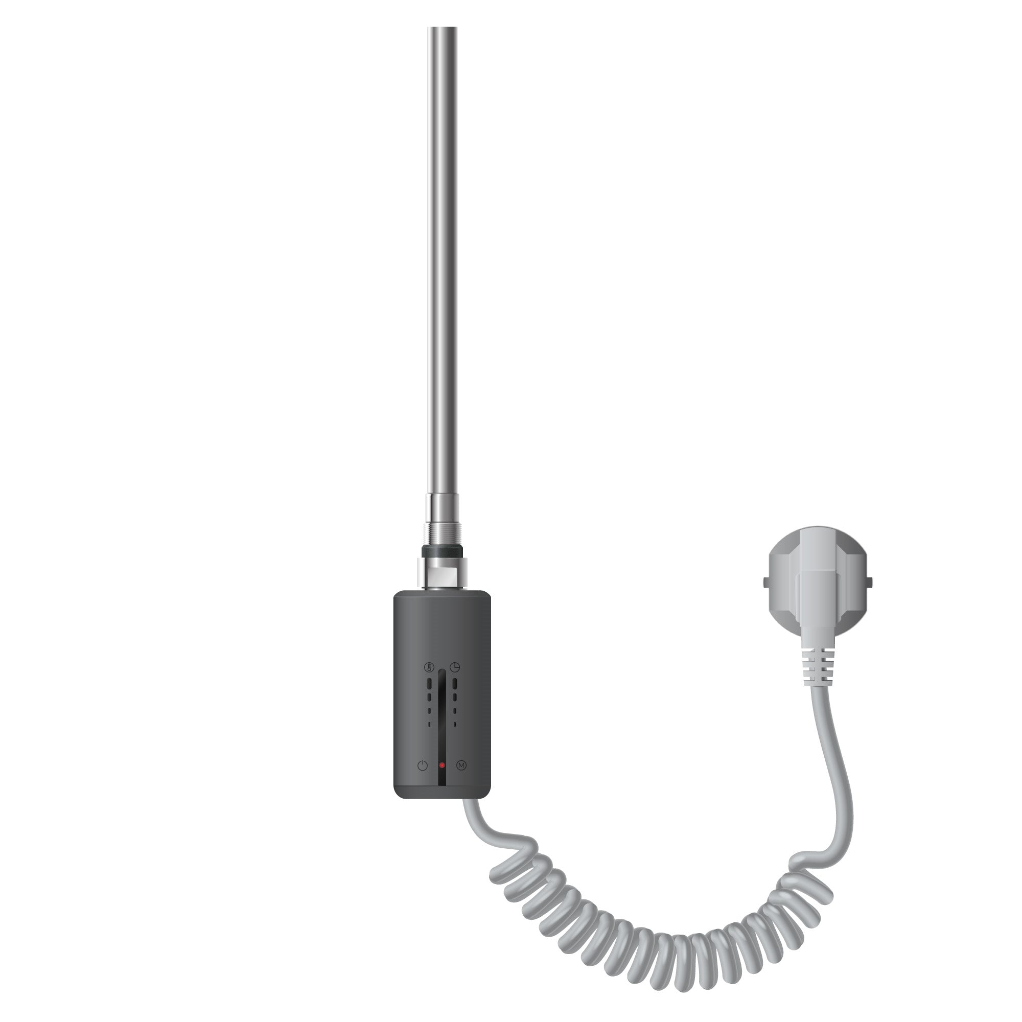 En varmelegeme i antracit med et kabel og en stik.