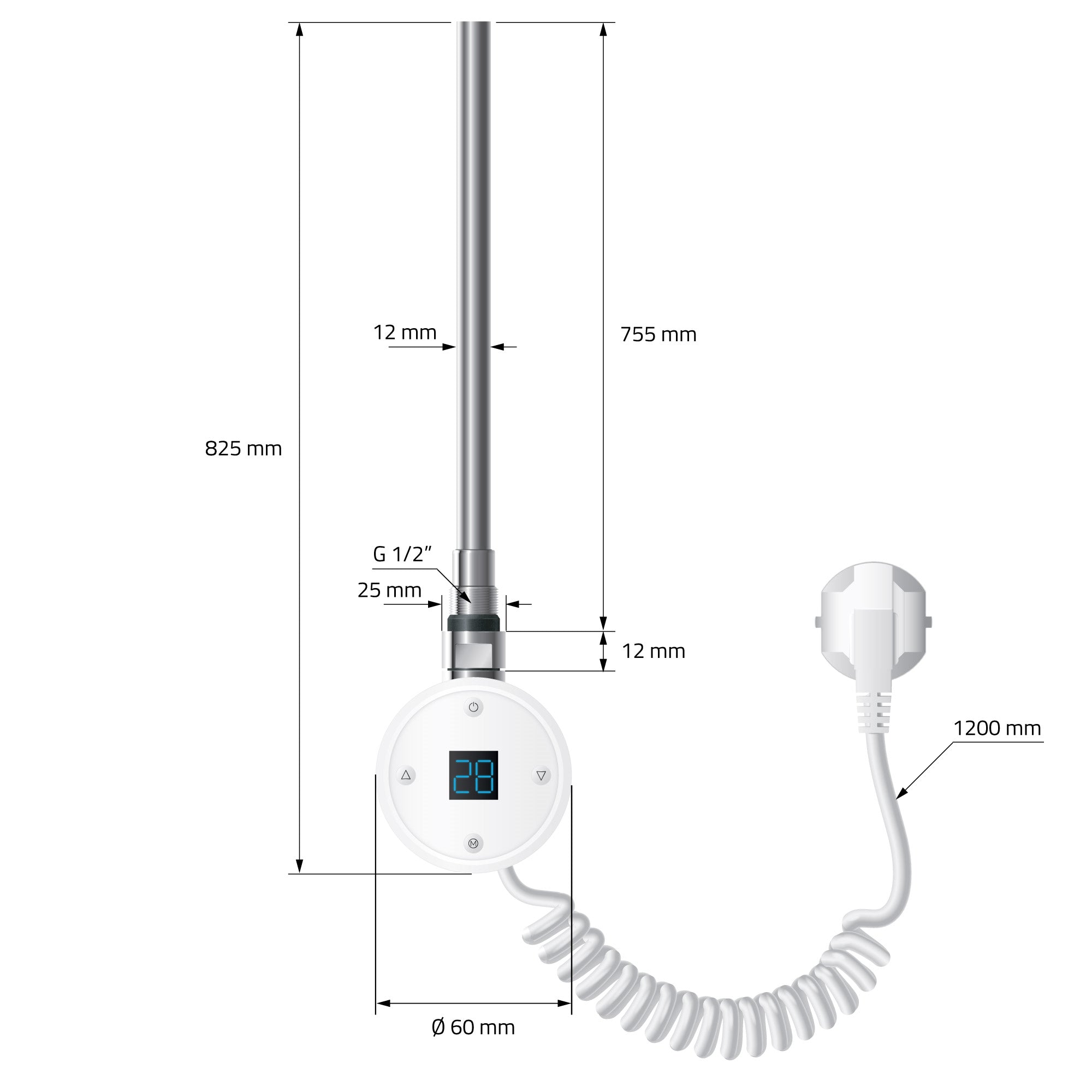 Heizstab in Weiß mit digitalem Display und Spiralkabel.
