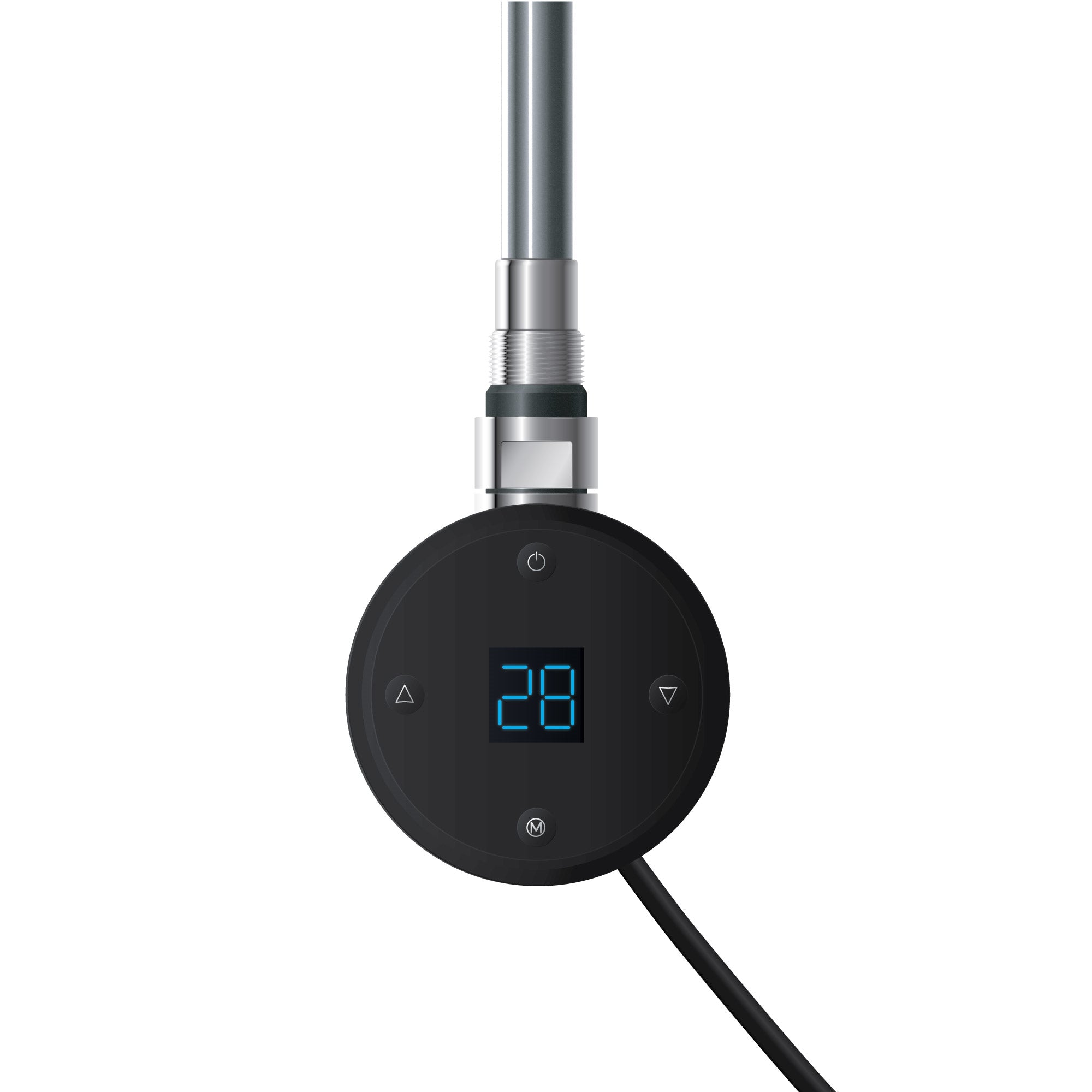 Detaljevisning af et sort varmelegeme med digitalt display.