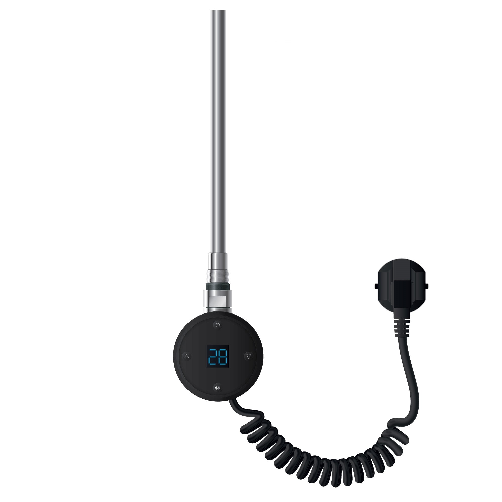 Varmelegeme i sort med digitalt display og spiralformet kabel.