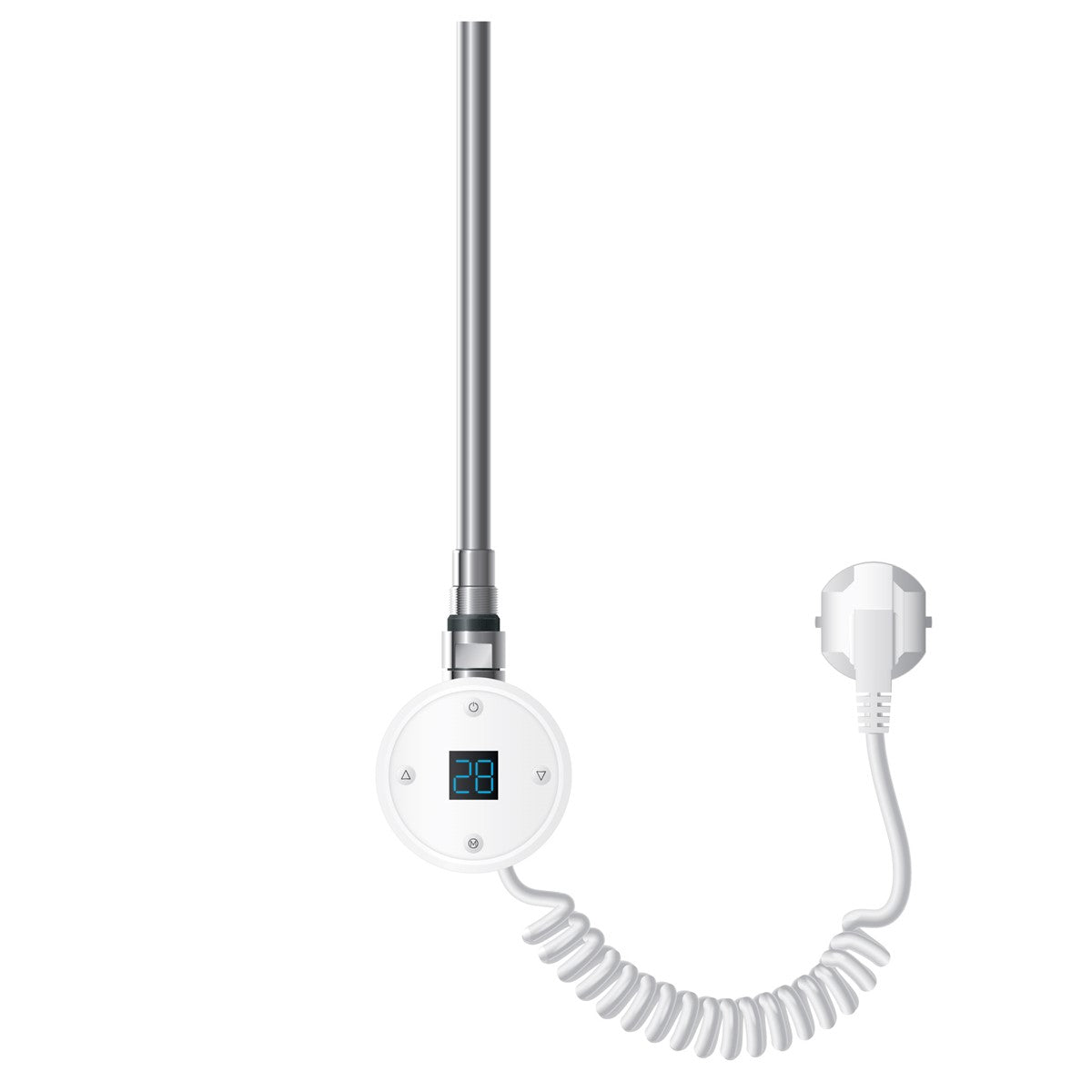 Heizstab in Weiß mit digitalem Display und Spiralkabel.