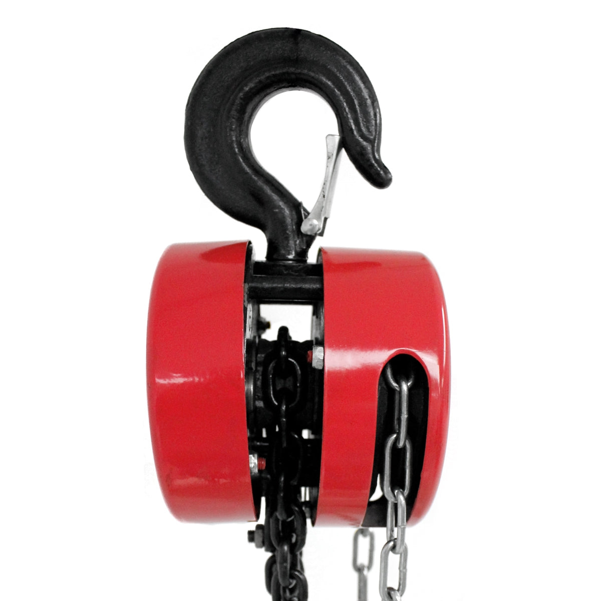 Rote Rolle mit schwarzem Haken und Kette, seitliche Ansicht.