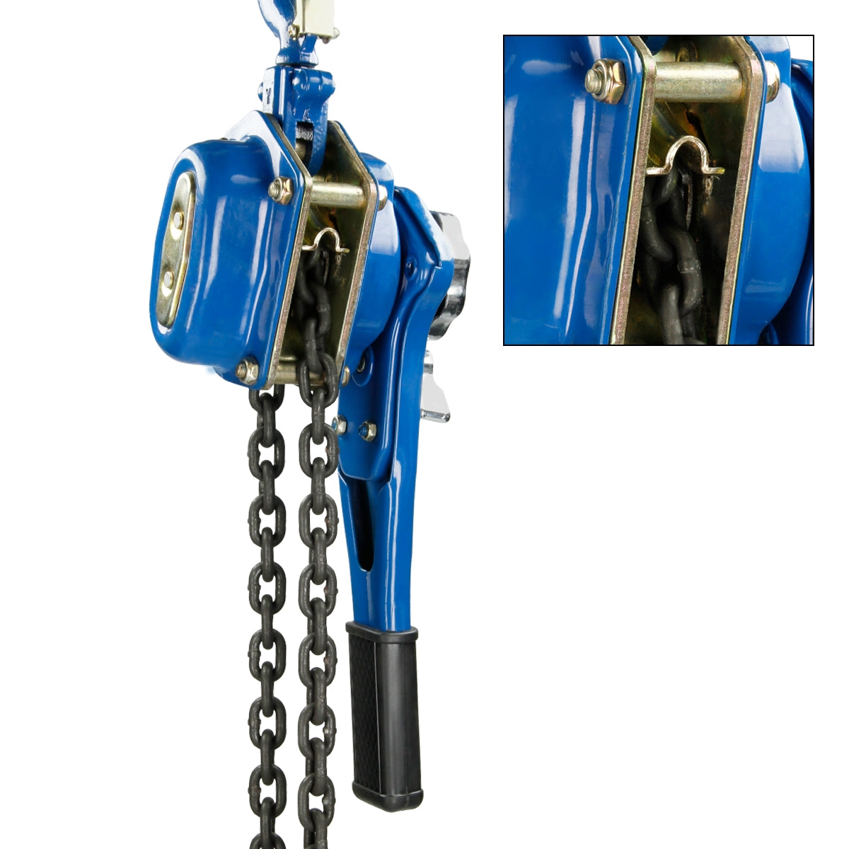 Ein blauer Handhebel mit einer Kette, die an einem Mechanismus befestigt ist.