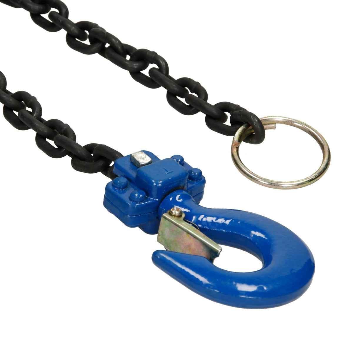 Schwarze Kette mit blauer Hakenvorrichtung und Schlüsselring.