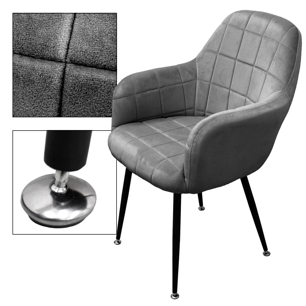 Detailaufnahme eines schwarzen Stuhls mit quadratischem Muster und Metallfüßen.