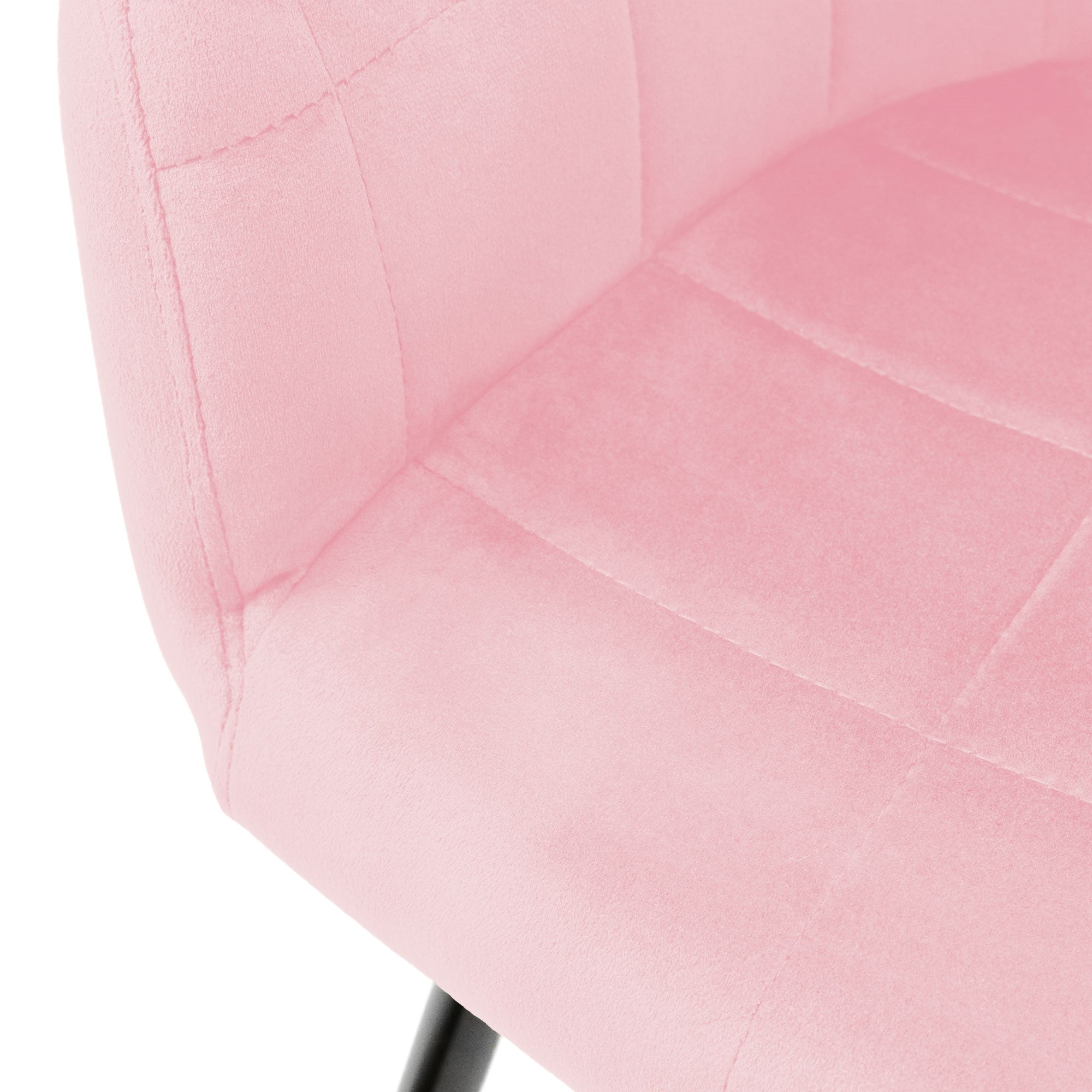 Detailaufnahme eines rosa Stuhls mit gepolsterter Sitzfläche und Rückenlehne.
