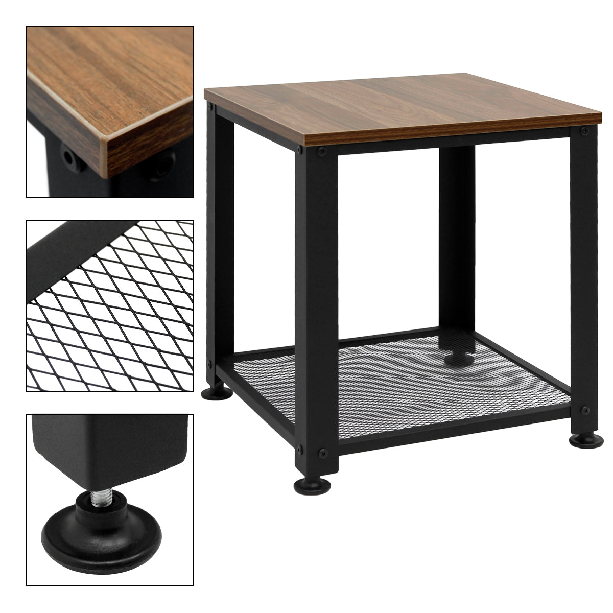 Mesa negra con una parte superior de madera y un fondo de rejilla.