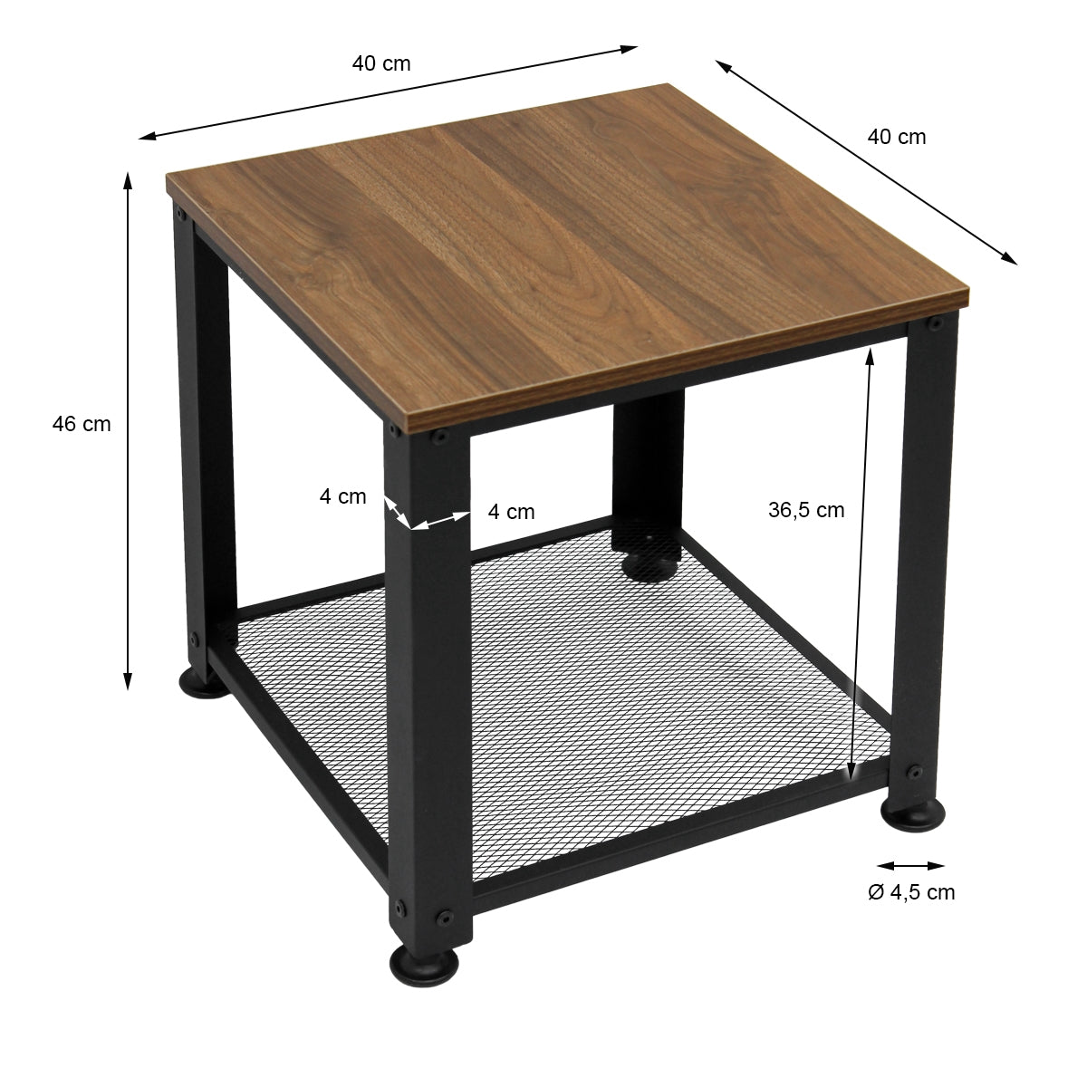 Una mesa cuadrada con superficie de madera y estructura de metal, se indican las medidas.