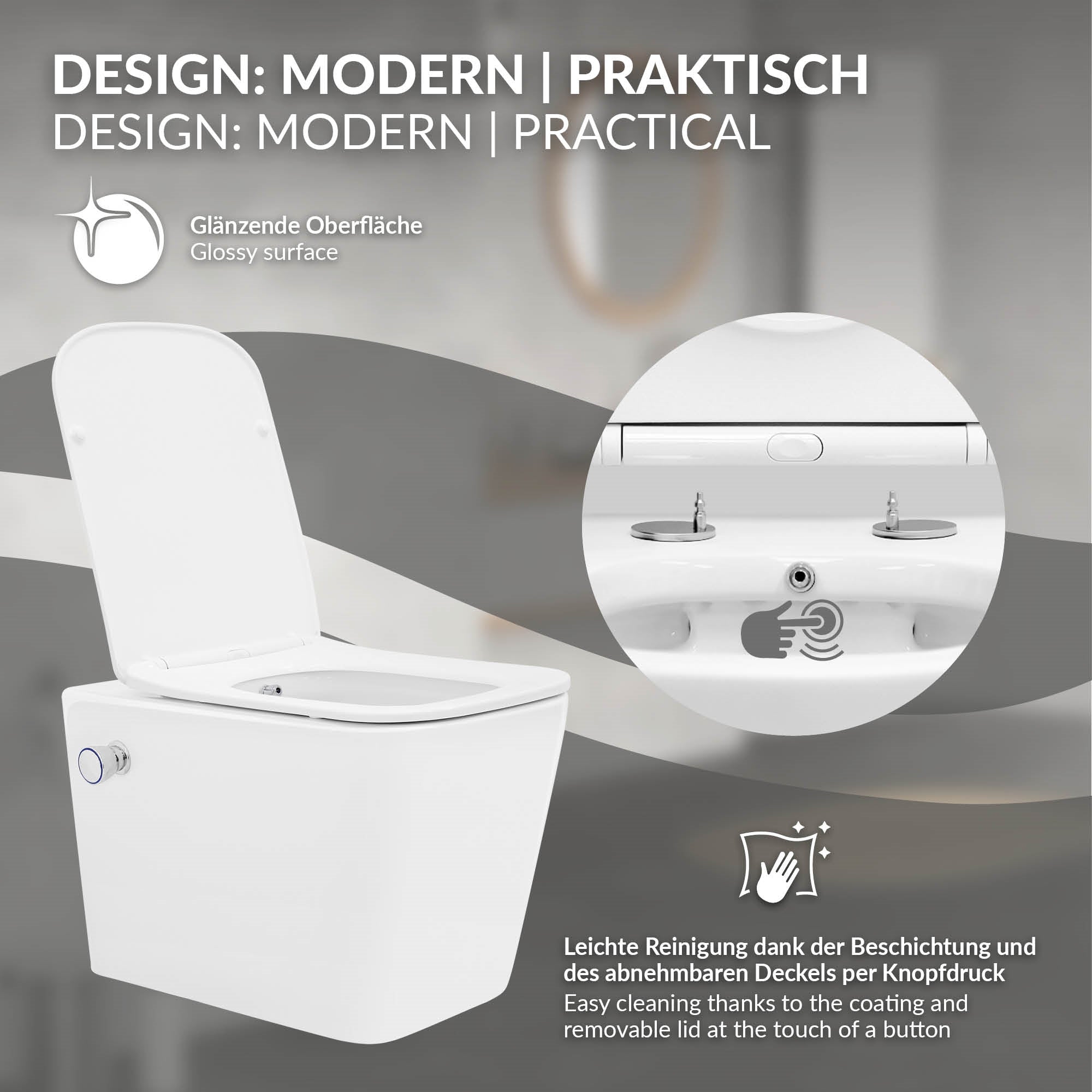 Toilet with a glossy surface and removable lid.