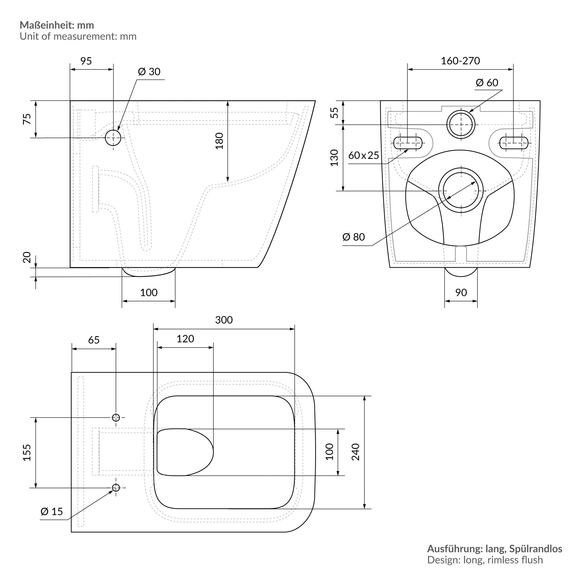 Technical drawing of a toilet with dimensions in mm.