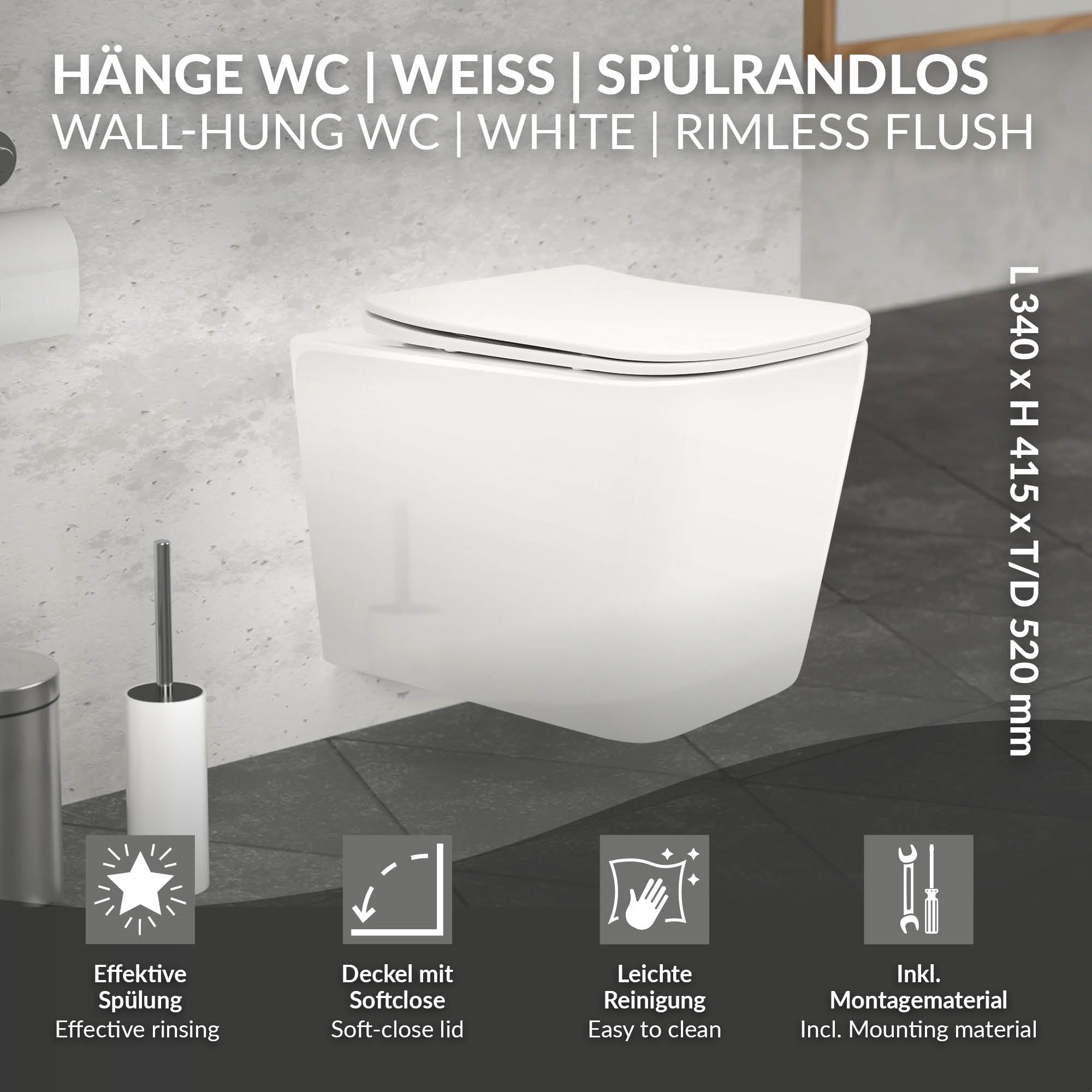Wand-WC in Weiß, spülrandlos mit Softclose-Deckel.