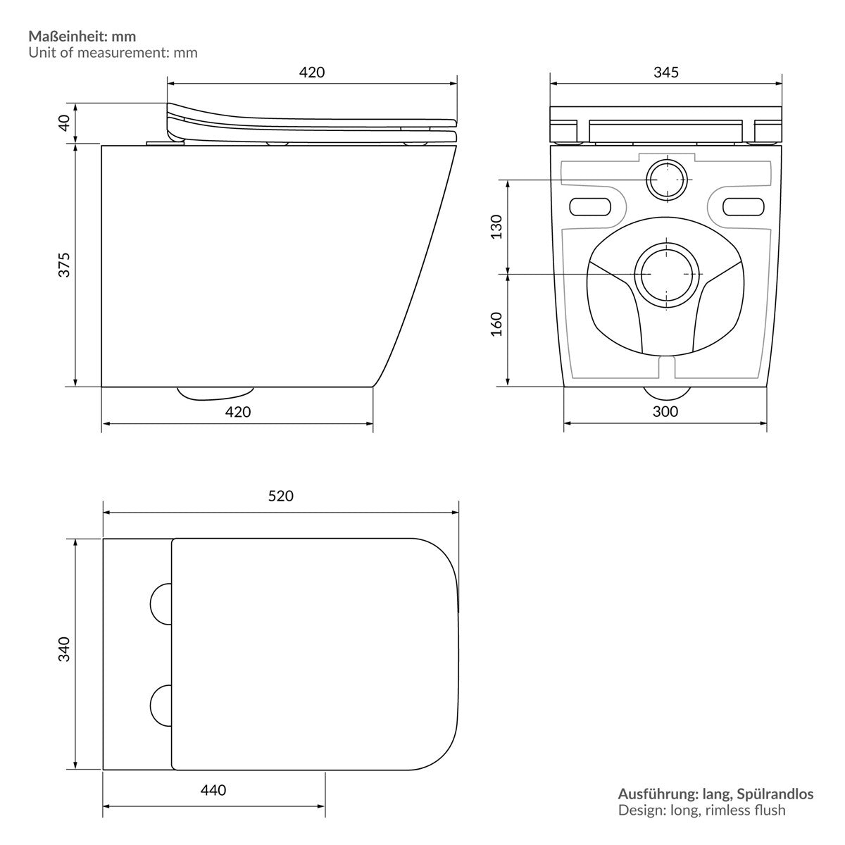 Technical drawing of a toilet with dimensions in millimeters.