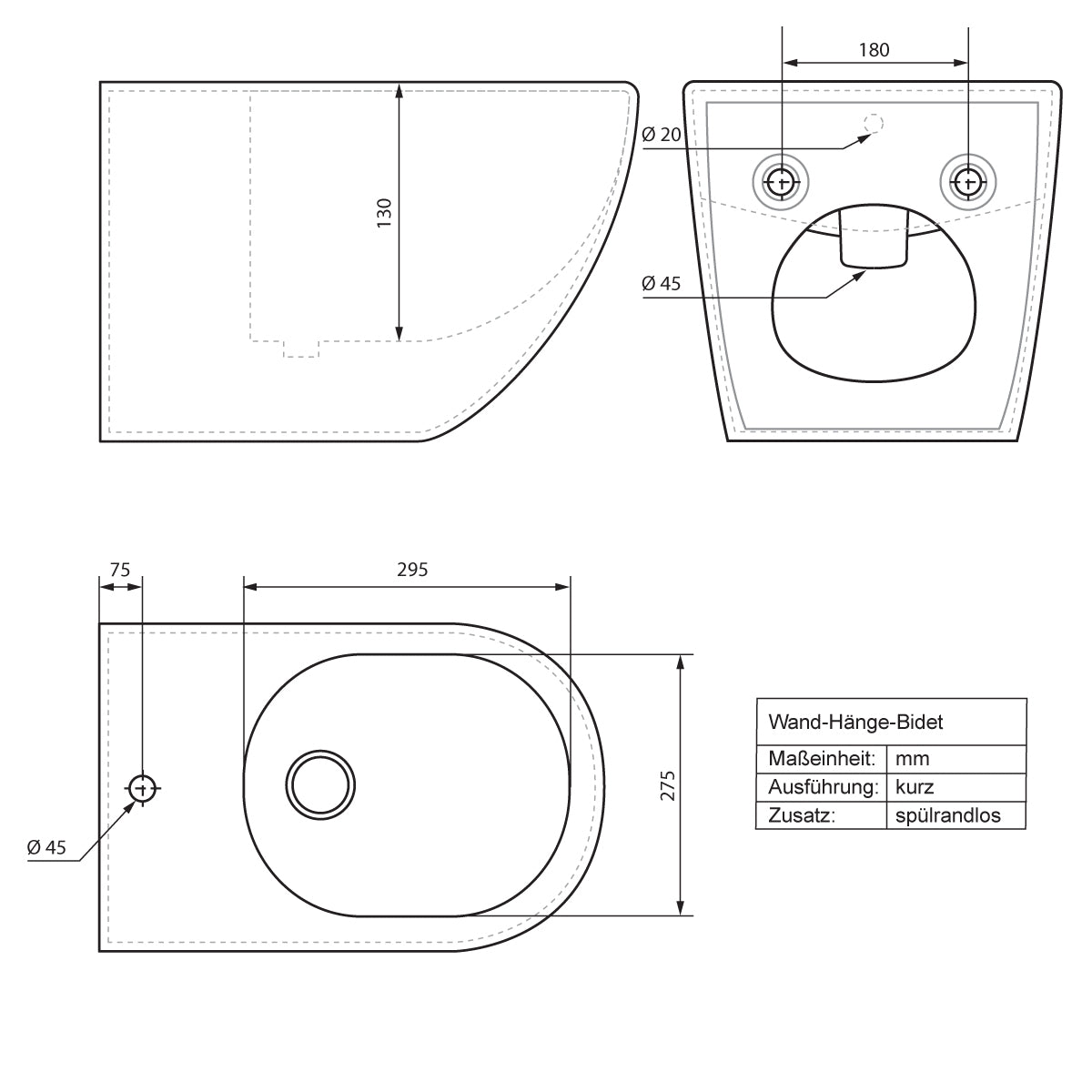 Technical drawing of a wall-mounted bidet with dimensions.