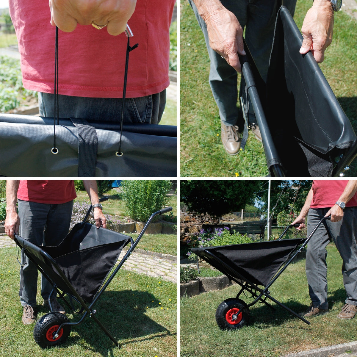 Eine Person hält eine schwarze Gartenkarre mit zwei Rädern.