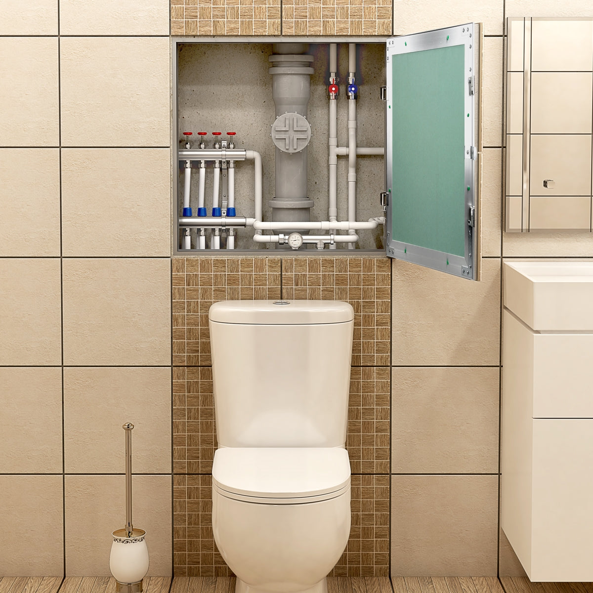 Toilette vor einer Wand mit offener Wartungsklappe und Rohrleitungen.