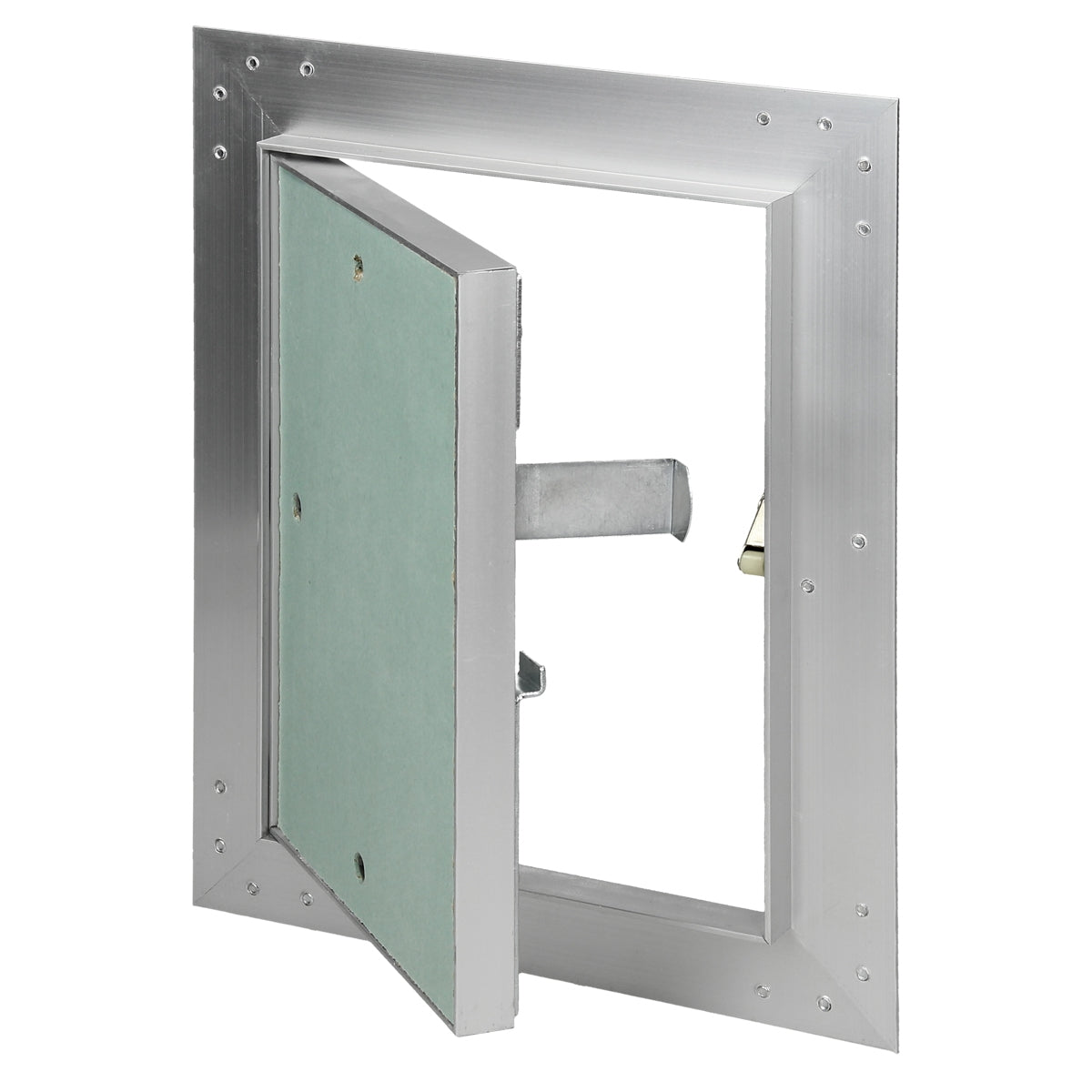 Offene Wartungsklappe aus Aluminium mit grünem Innenleben.
