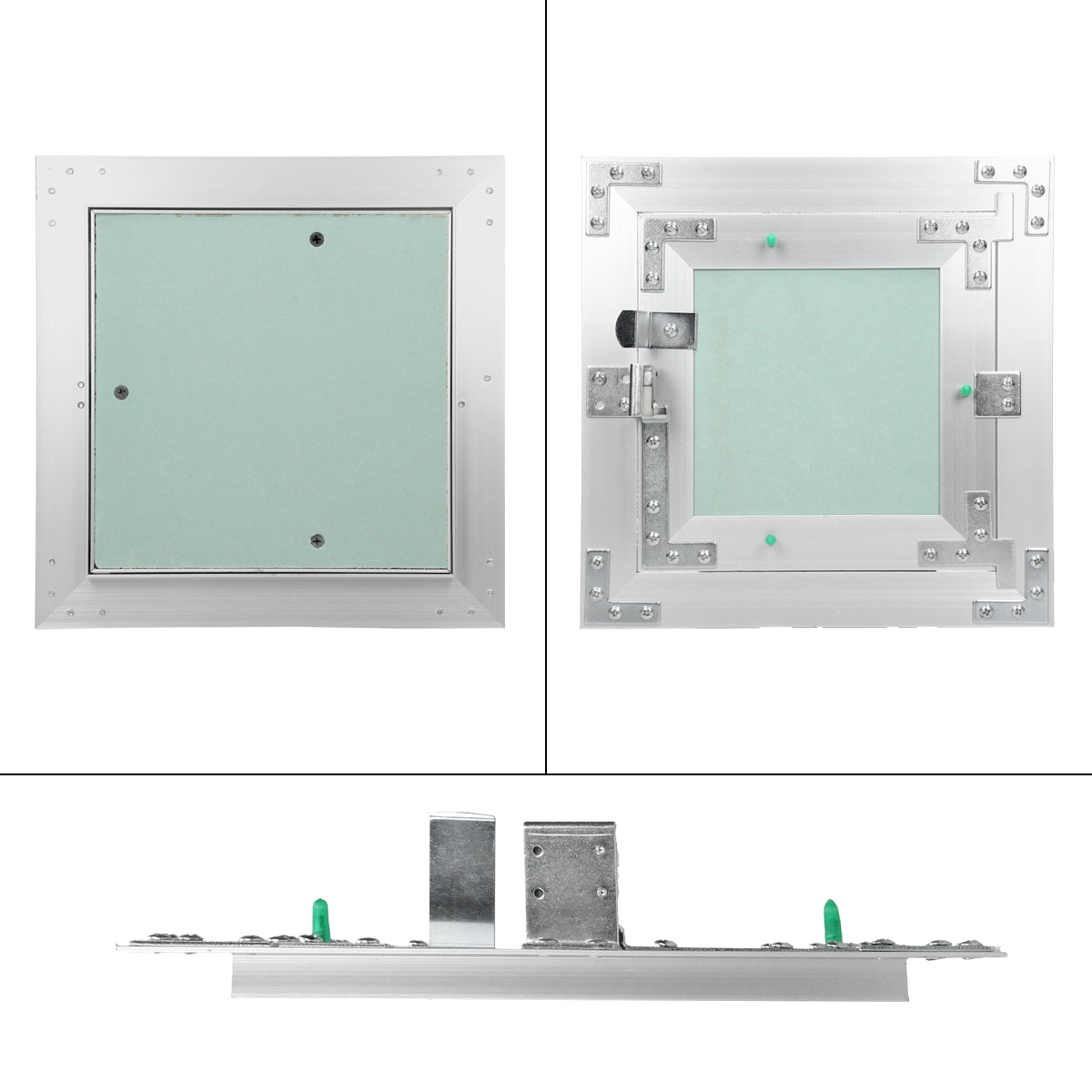 Three views of a metal frame with green paper and brackets.