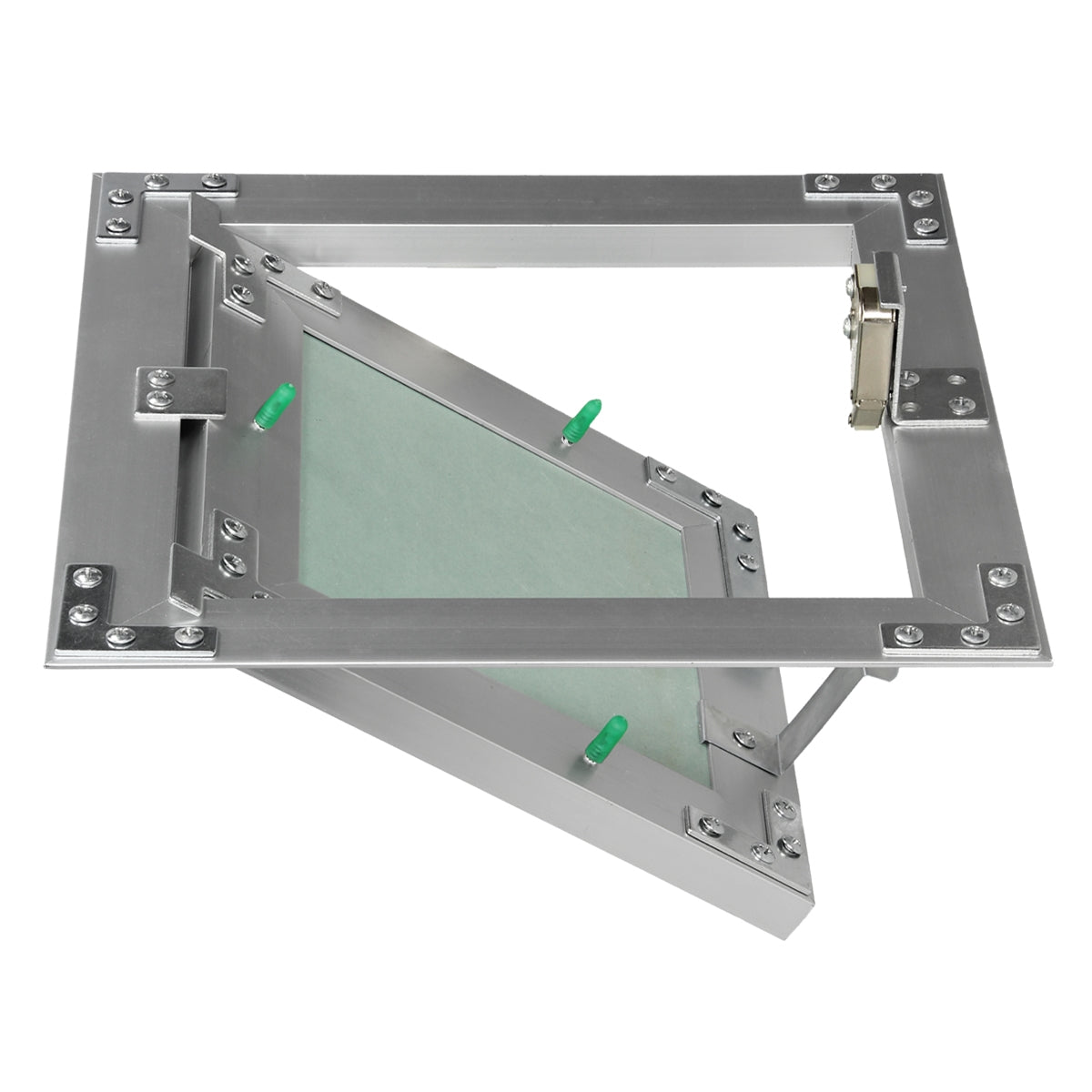 An aluminum window with green glass, tilted open, viewed from above.