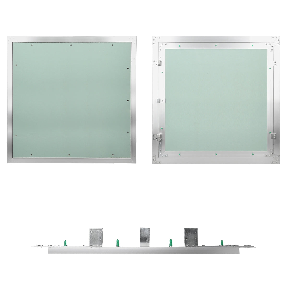 Cadre avec du verre vert et des éléments de fixation.