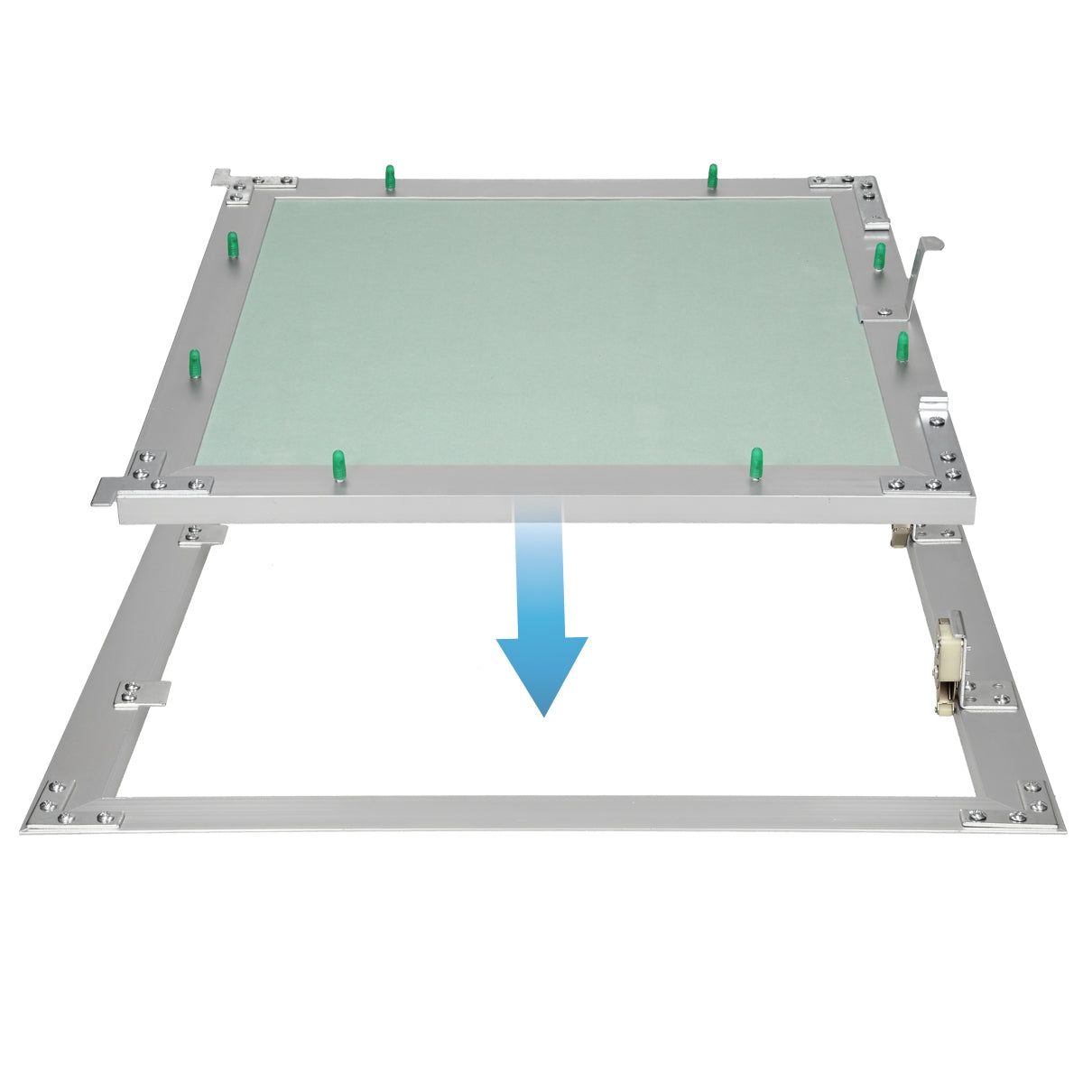 Ensemble avec un panneau en verre ou en plastique et des supports.