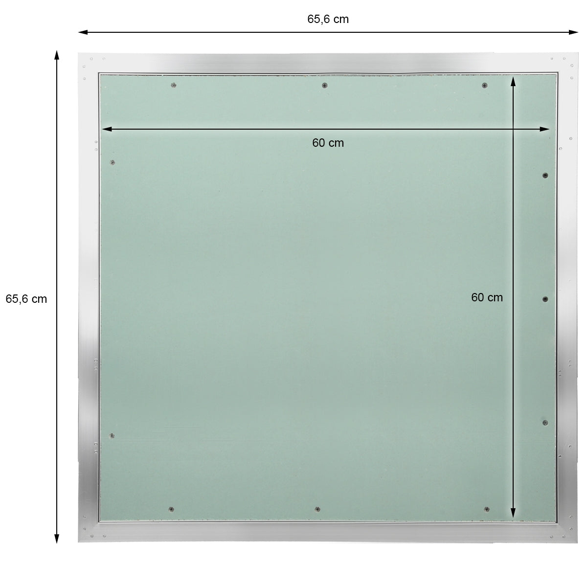 Cadre avec du verre vert, dimensions 65,6 cm x 65,6 cm, avec des trous de fixation.