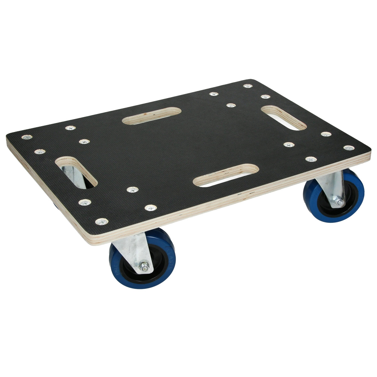 Wooden roll board with four blue wheels and handles.