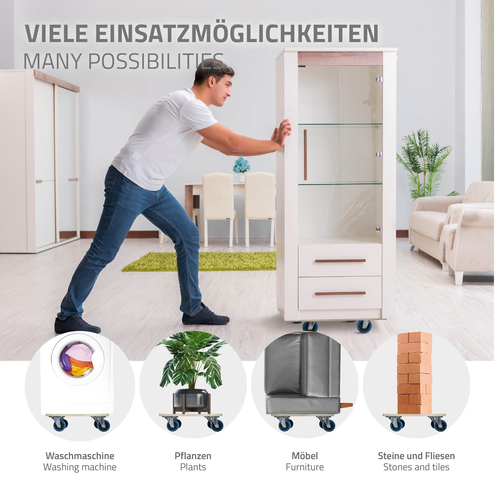 Mann schiebt einen weißen Schrank mit Glastüren auf Rollen.