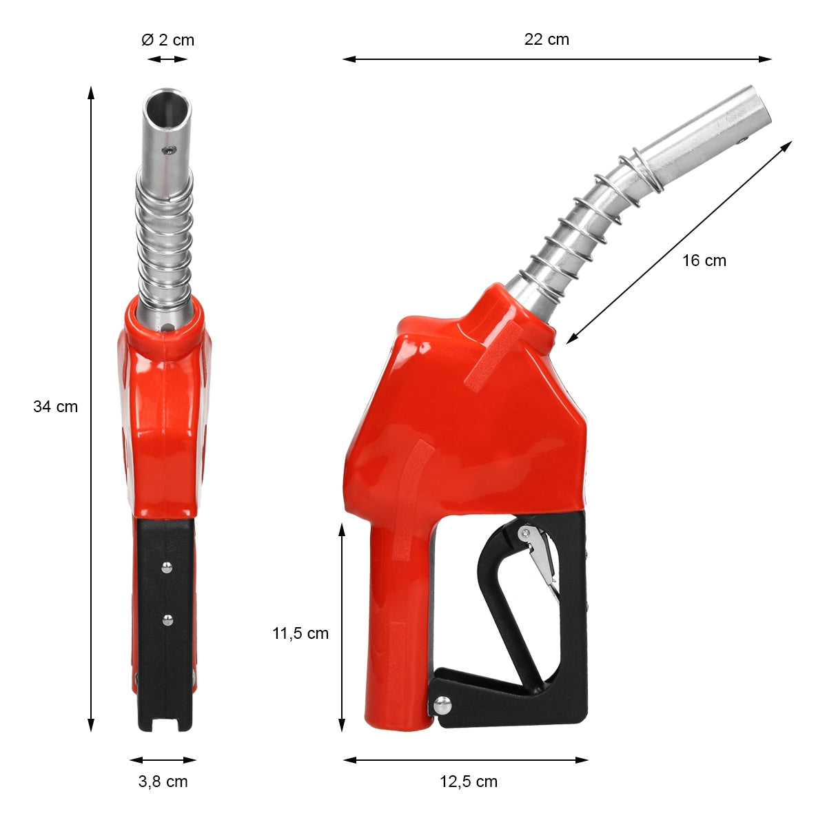 Eine rote Zapfpistole mit einem flexiblen Auslaufrohr.