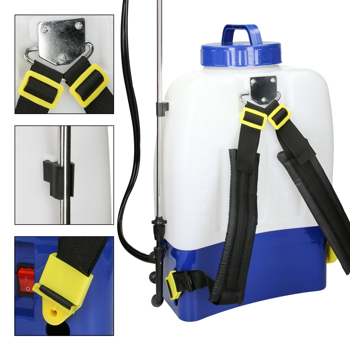 Rucksack-Spritze mit Halterungen, Tragegurten und einem großen Behälter.