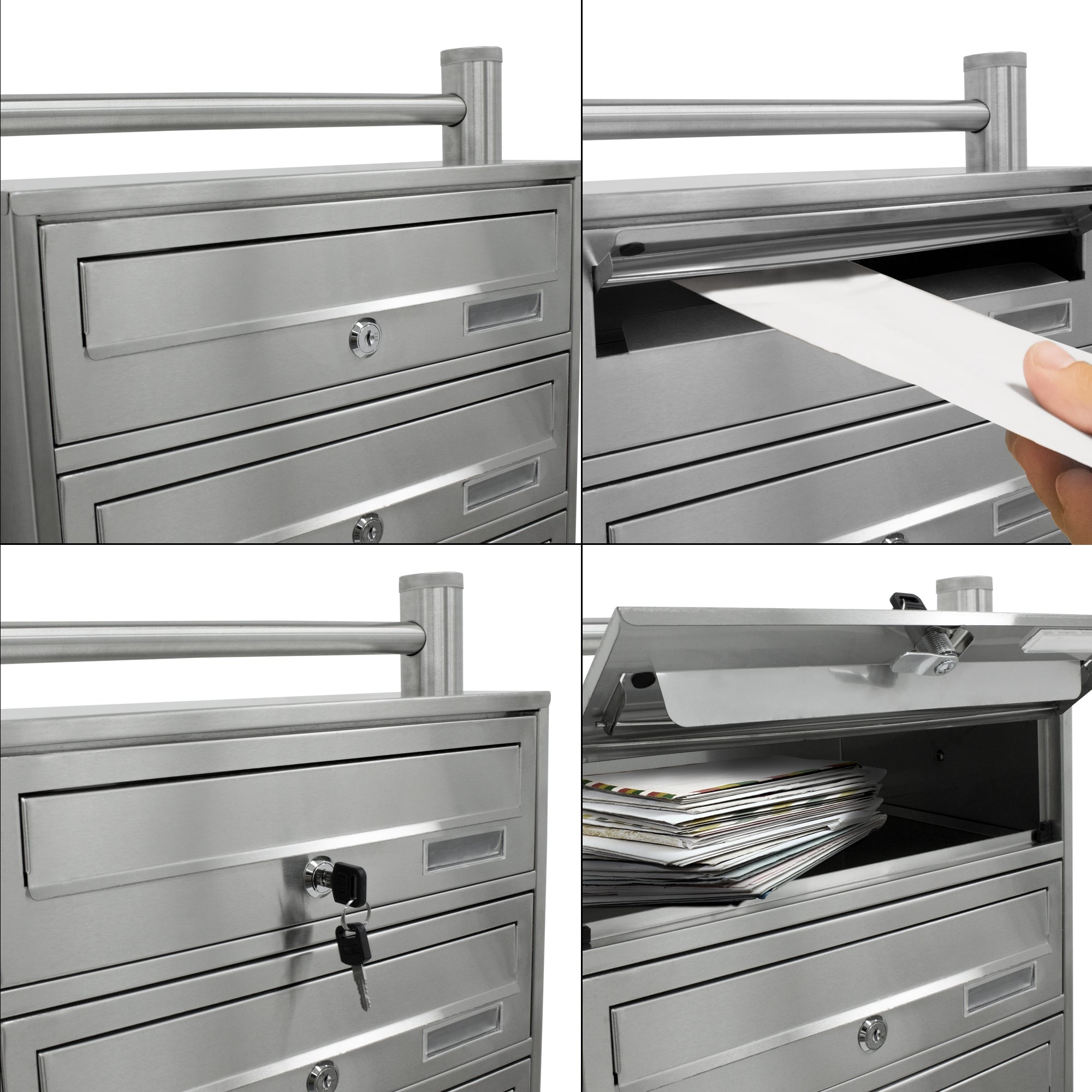 Detailansicht eines Briefkastens mit geöffneter Klappe und Brief.