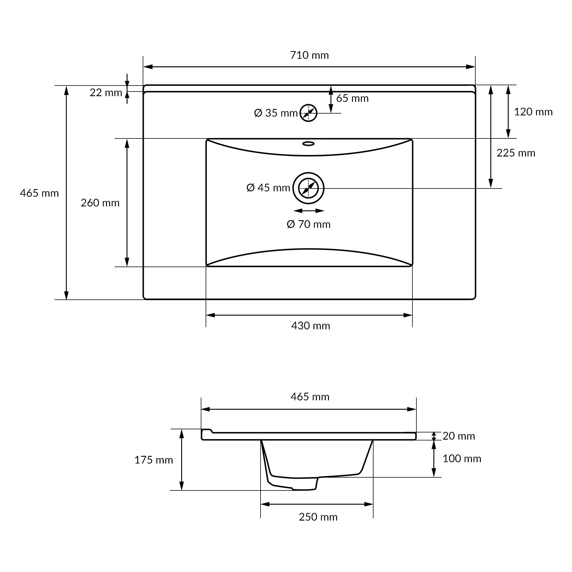 Technical drawing of a sink with measurement specifications.