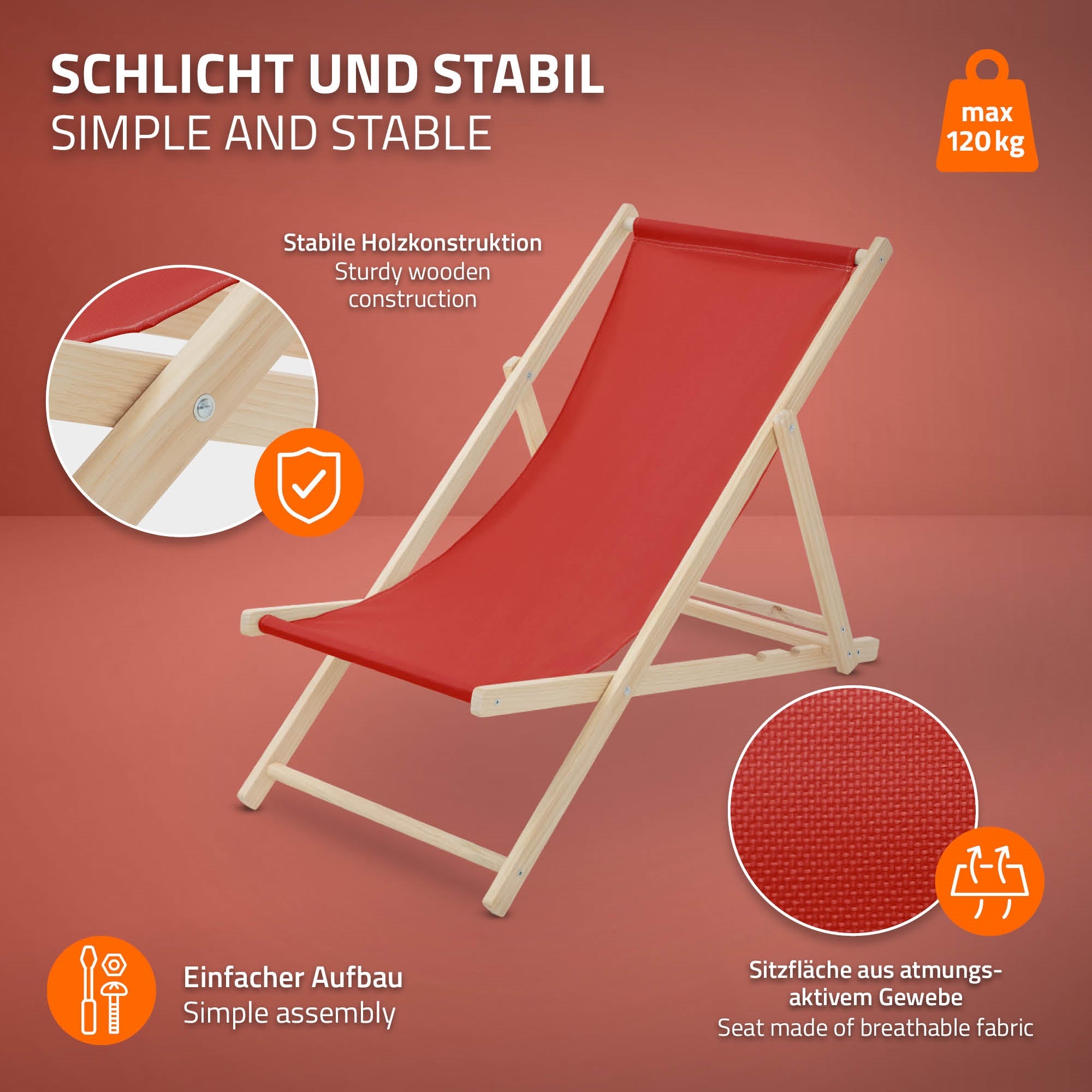Fauteuil avec un revêtement rouge et une structure en bois stable sur un fond rouge.
