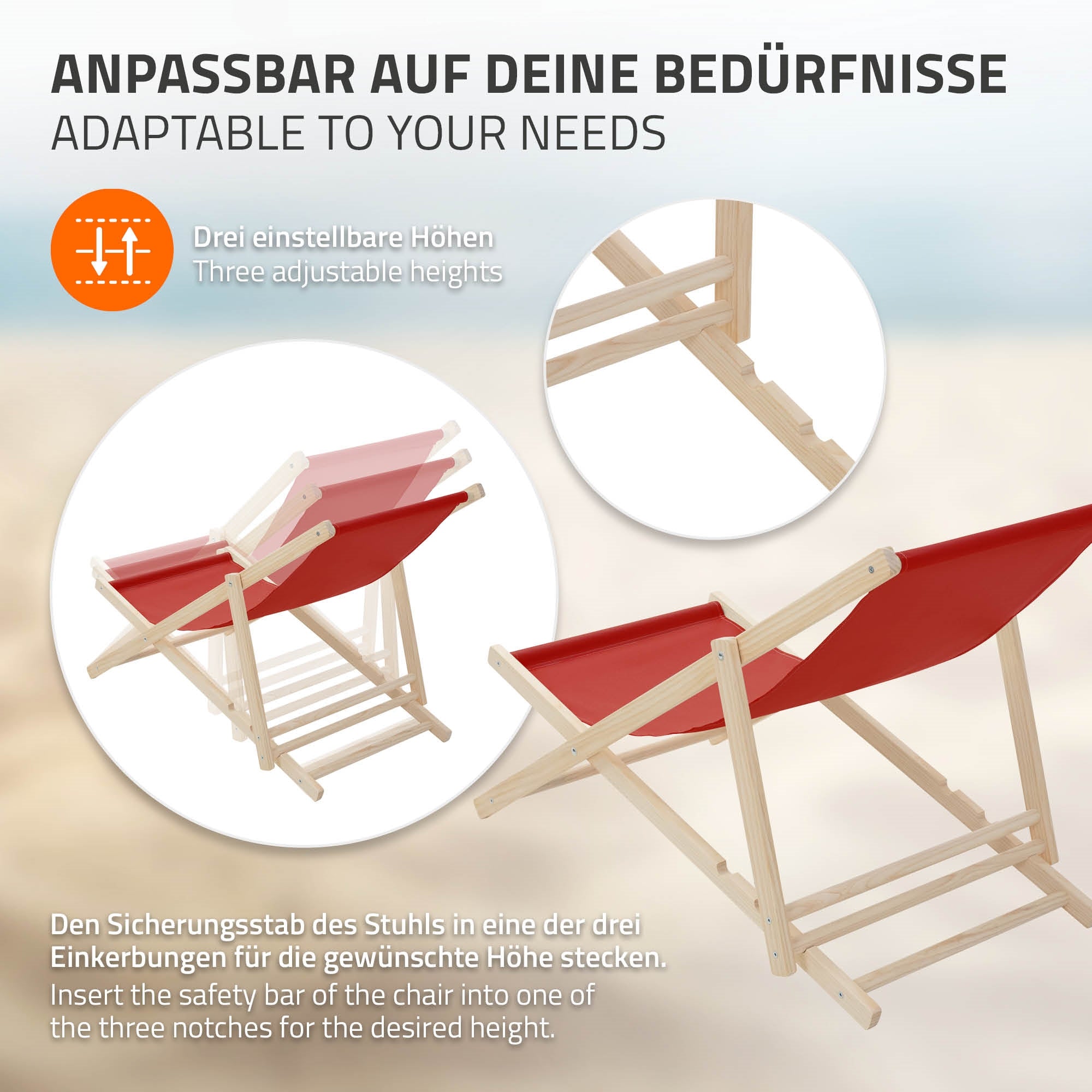 Grafik mit einem Liegestuhl, der in drei Höhen einstellbar ist.