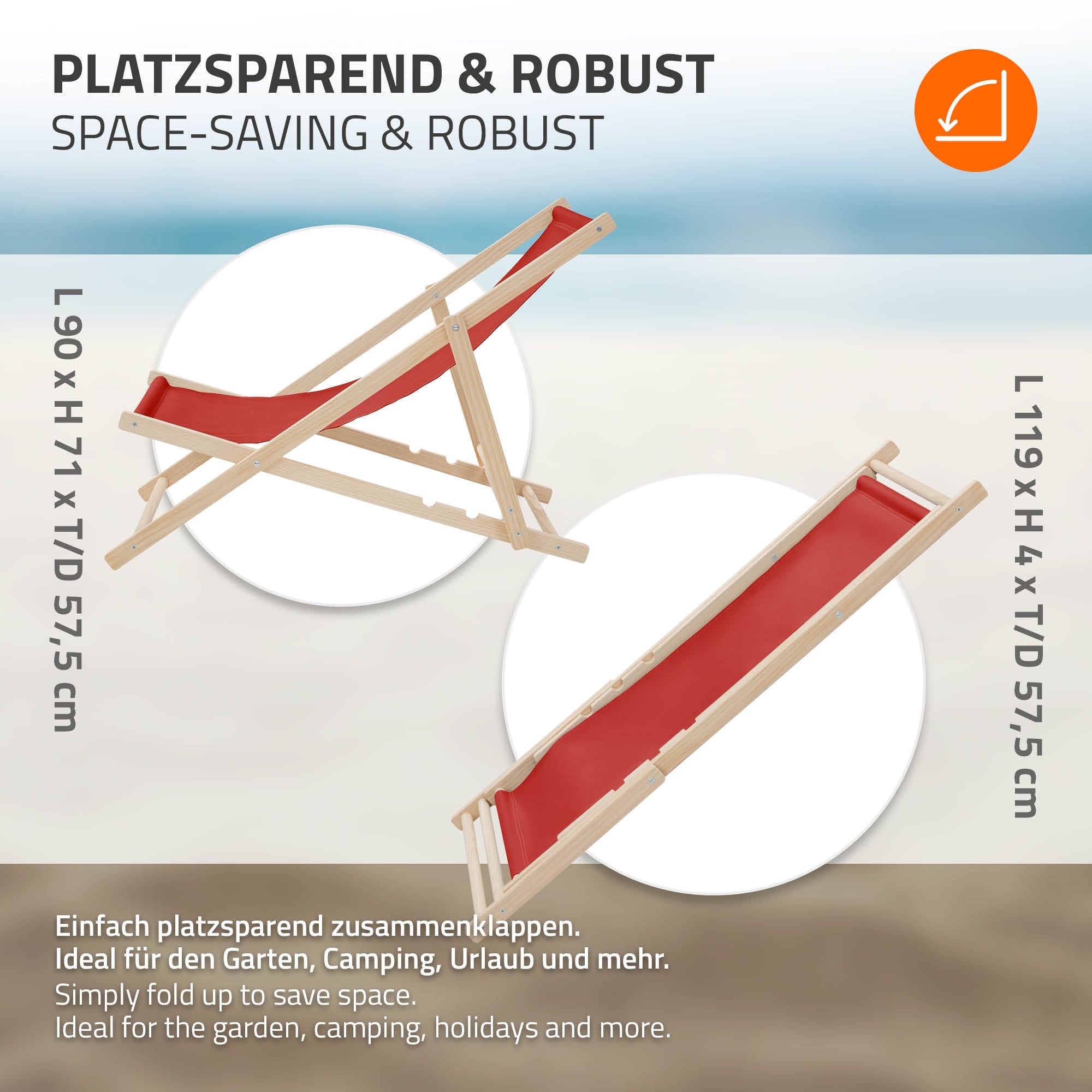 Grafik einer klappbaren Strandliege mit Maßen und Nutzungshinweisen.