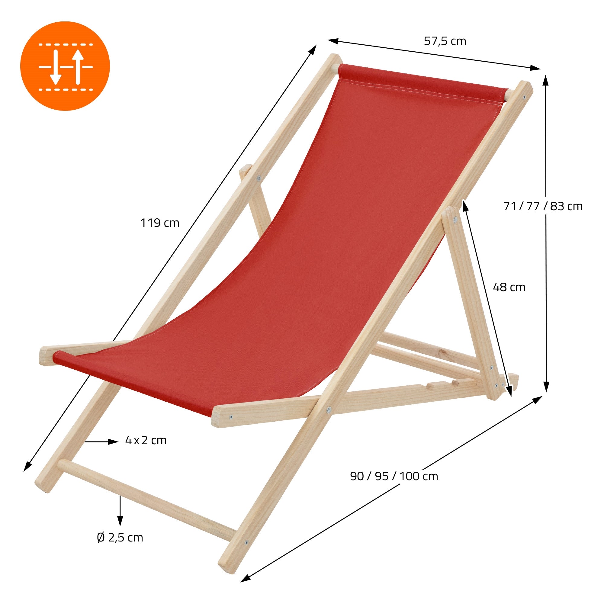 Lounge-Stuhl aus Holz mit rotem Stoffbezug, Maße und Materialbeschreibung.