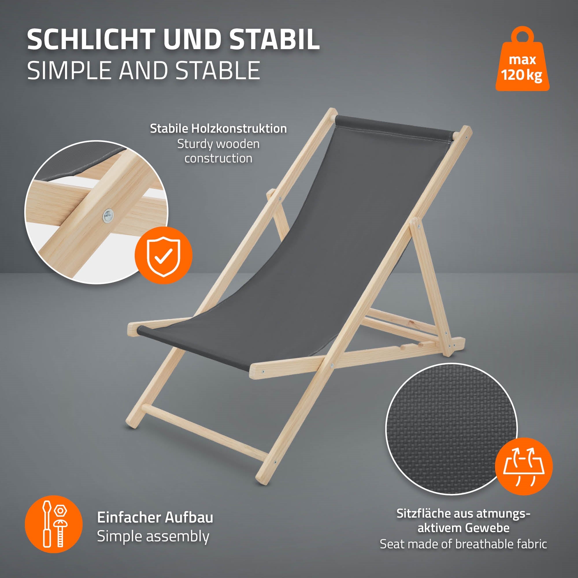 Faltstuhl mit stabiler Holzstruktur und atmungsaktivem Sitzbezug.