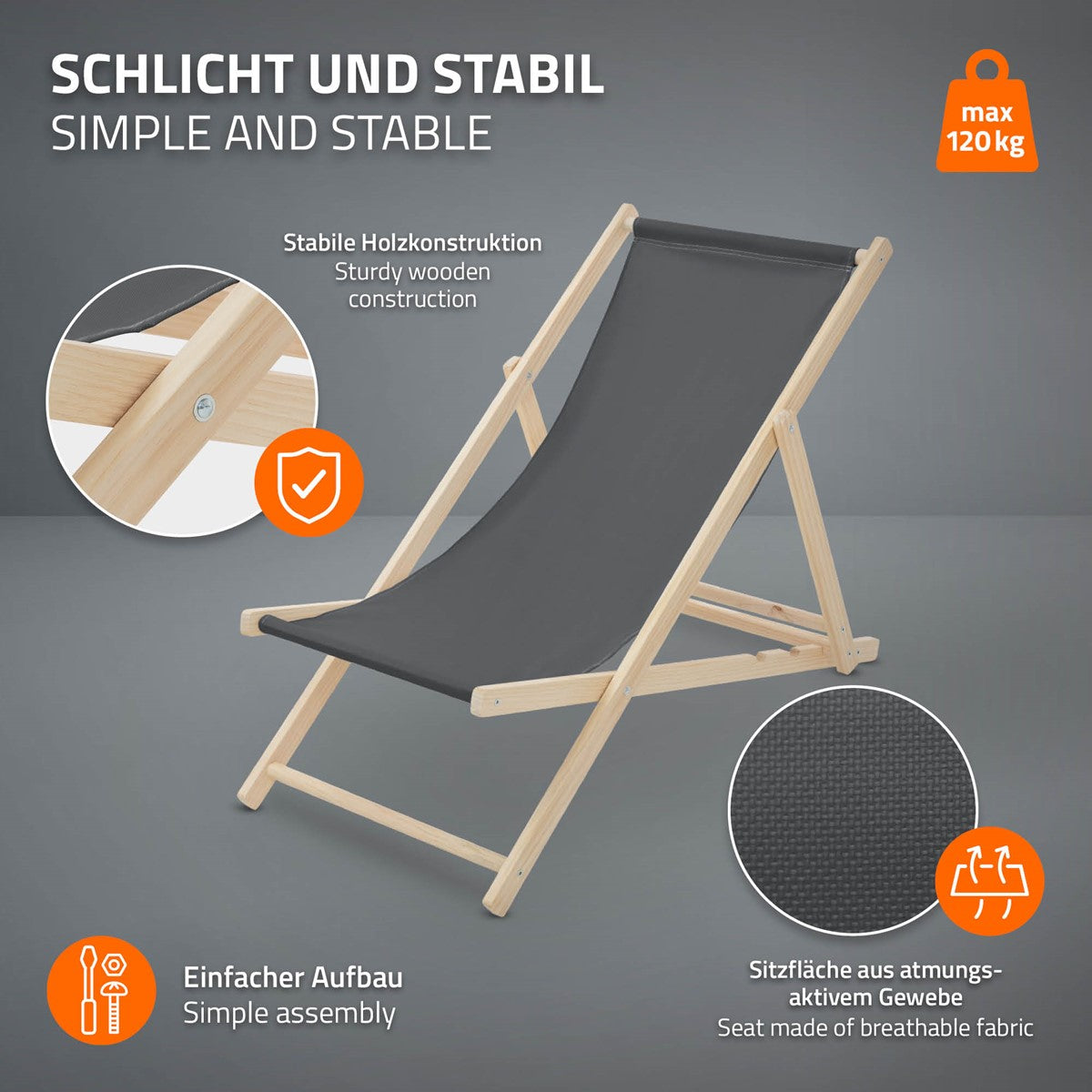 Faltstuhl mit stabiler Holzstruktur und atmungsaktivem Sitzbezug.