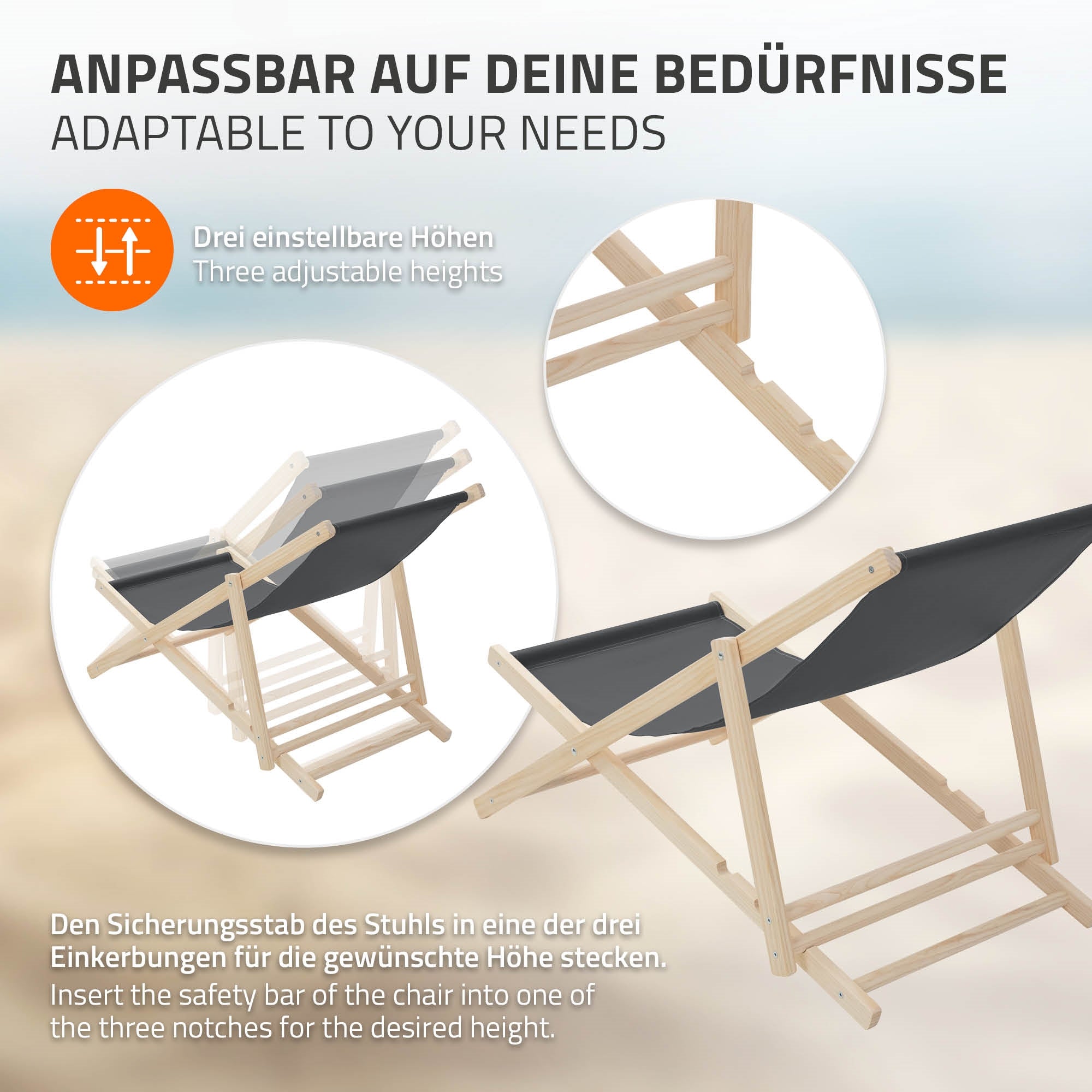 Grafik mit einem Liegestuhl, der in drei Höhen einstellbar ist.
