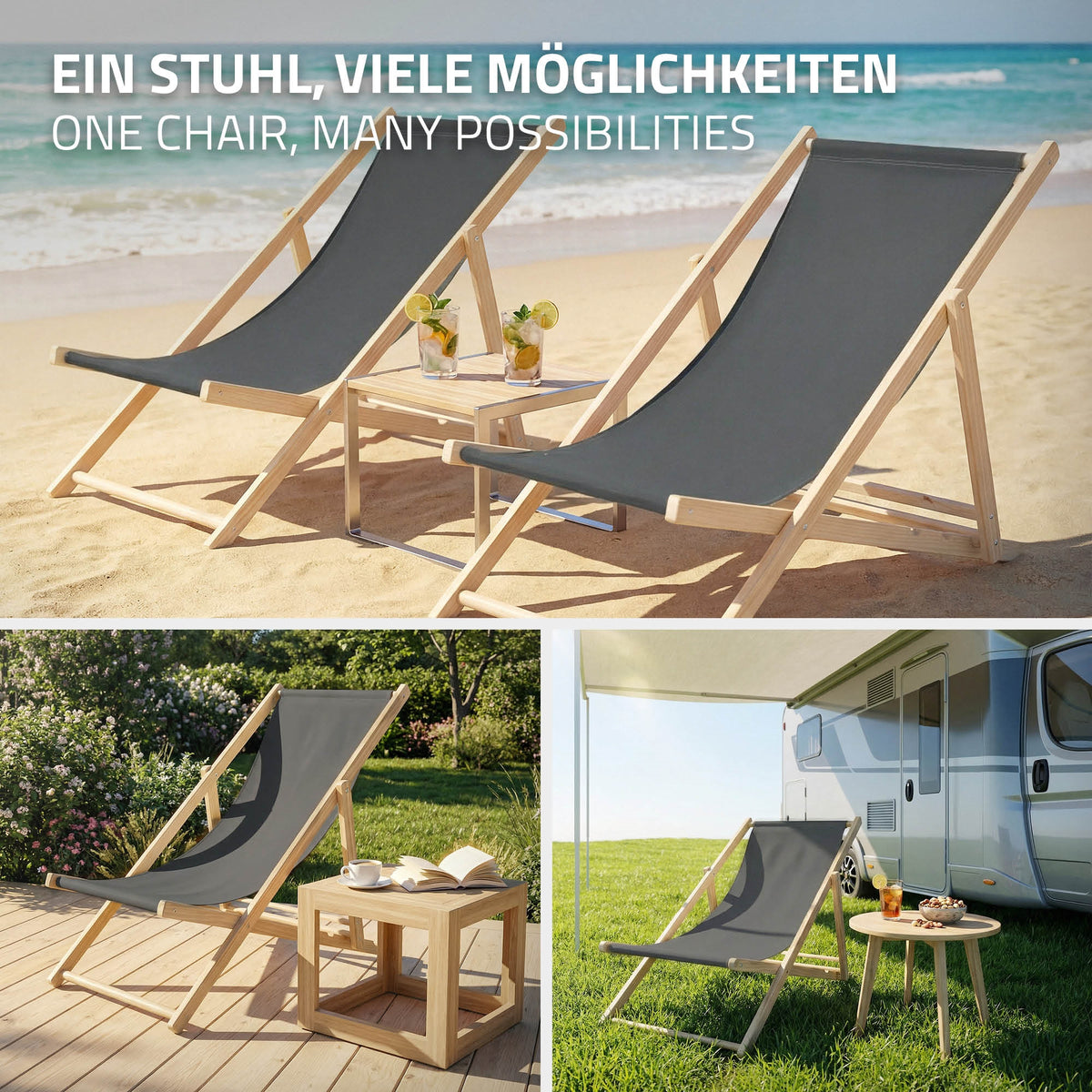 Deux chaises longues se tenant sur la plage, l'une grise, l'autre rouge, avec une table entre elles.
