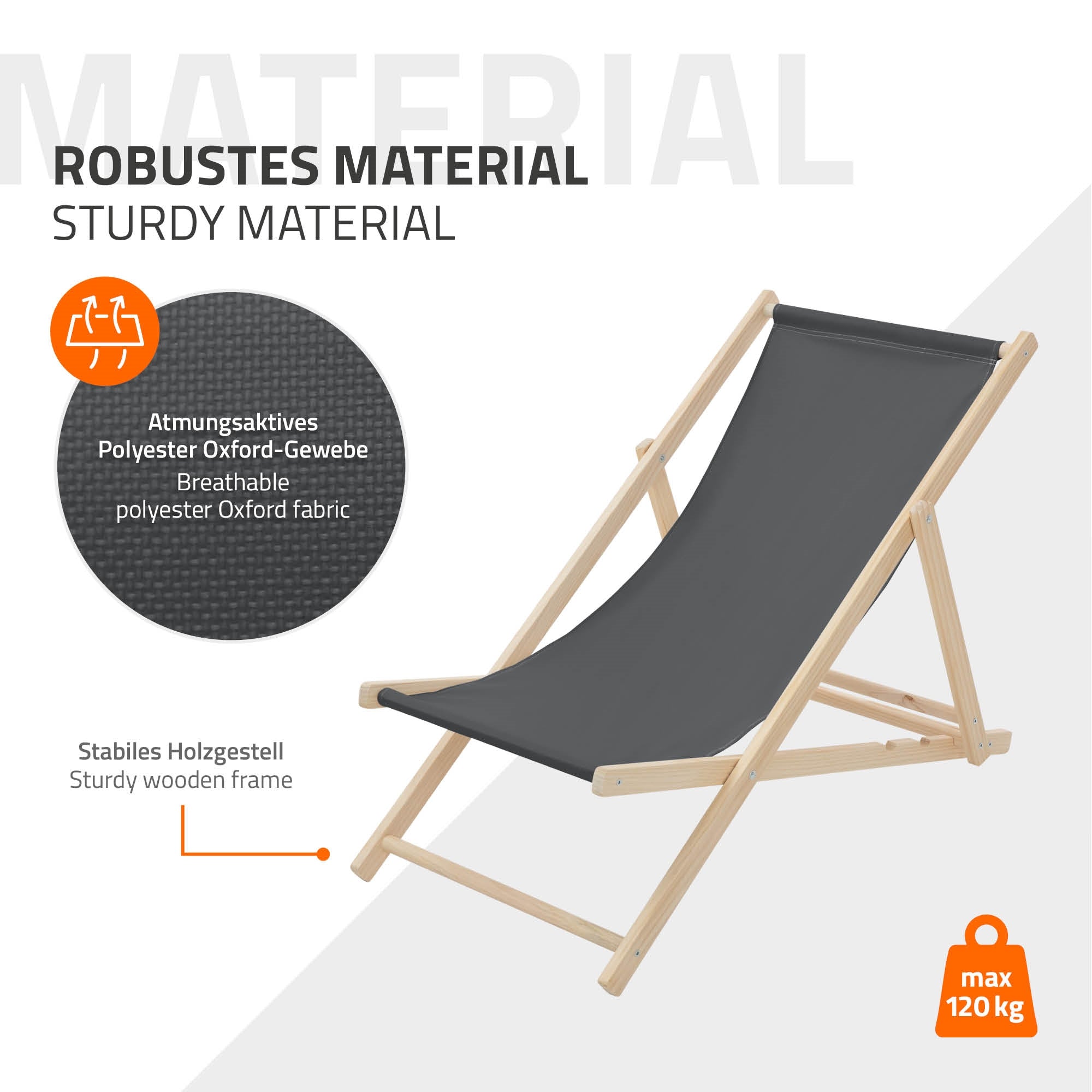 Lounge-Stuhl aus Holz mit schwarzem Stoffbezug, Maße und Materialbeschreibung.