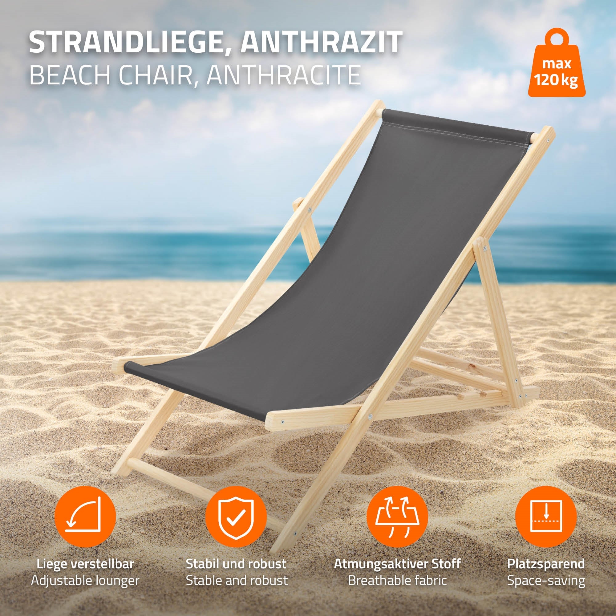 Grauer Liegestuhl auf einem Sandstrand mit Informationen zu Eigenschaften.