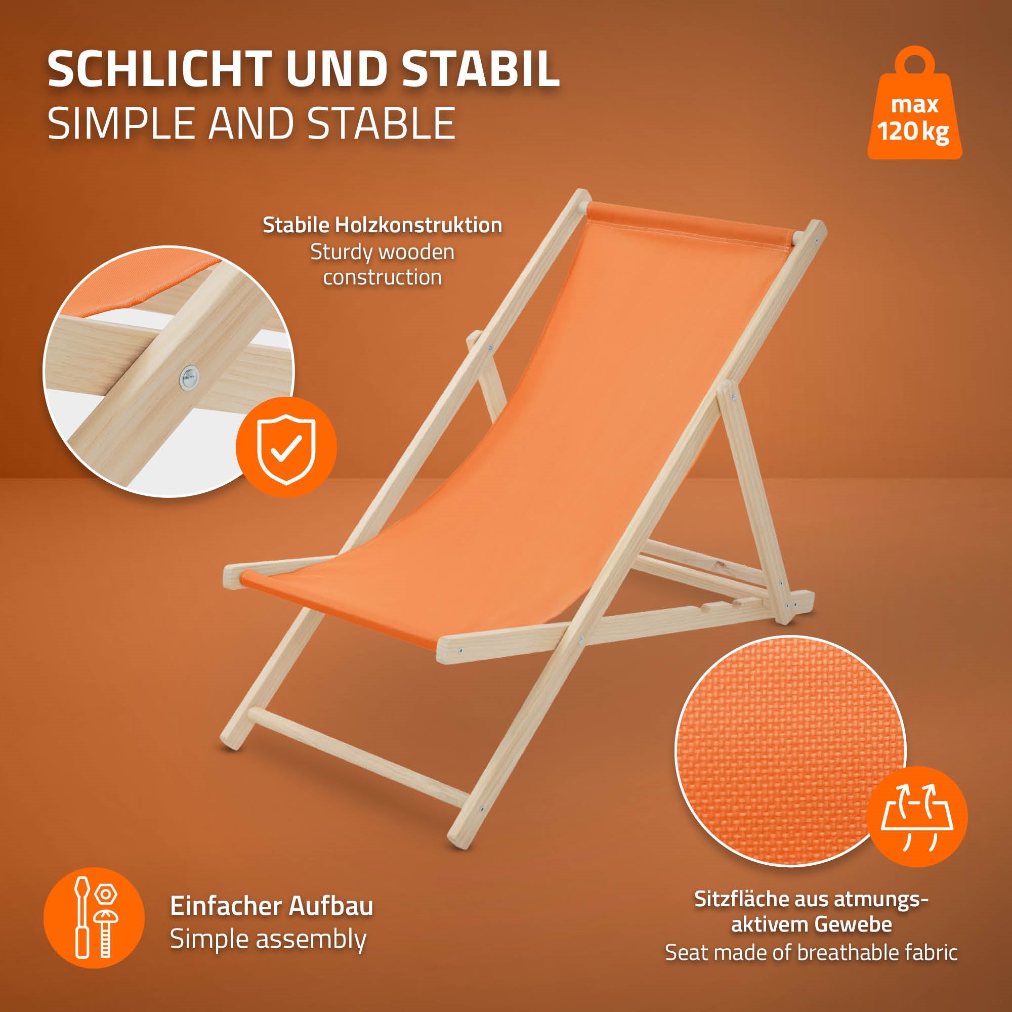 Faltstuhl aus Holz mit atmungsaktivem Sitzbezug.