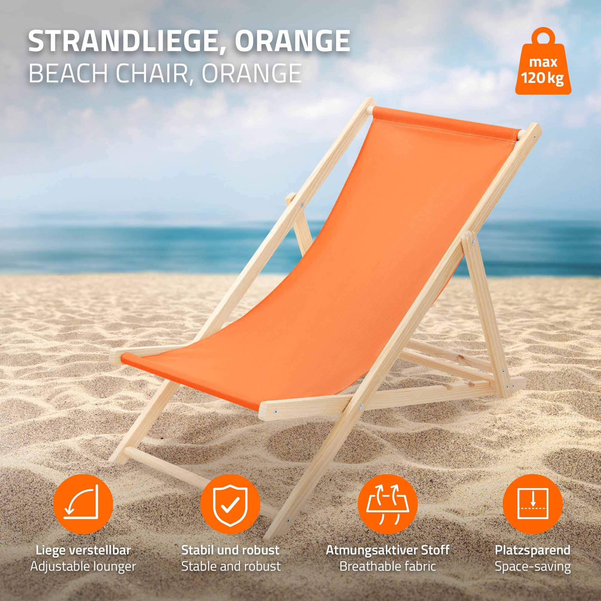 Ein orangefarbener Strandstuhl auf Sand mit Symbolen für Eigenschaften.