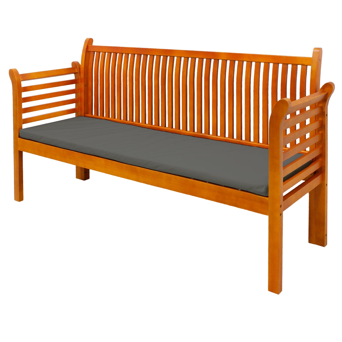 Houten bank met rugleuning en grijze zitting.